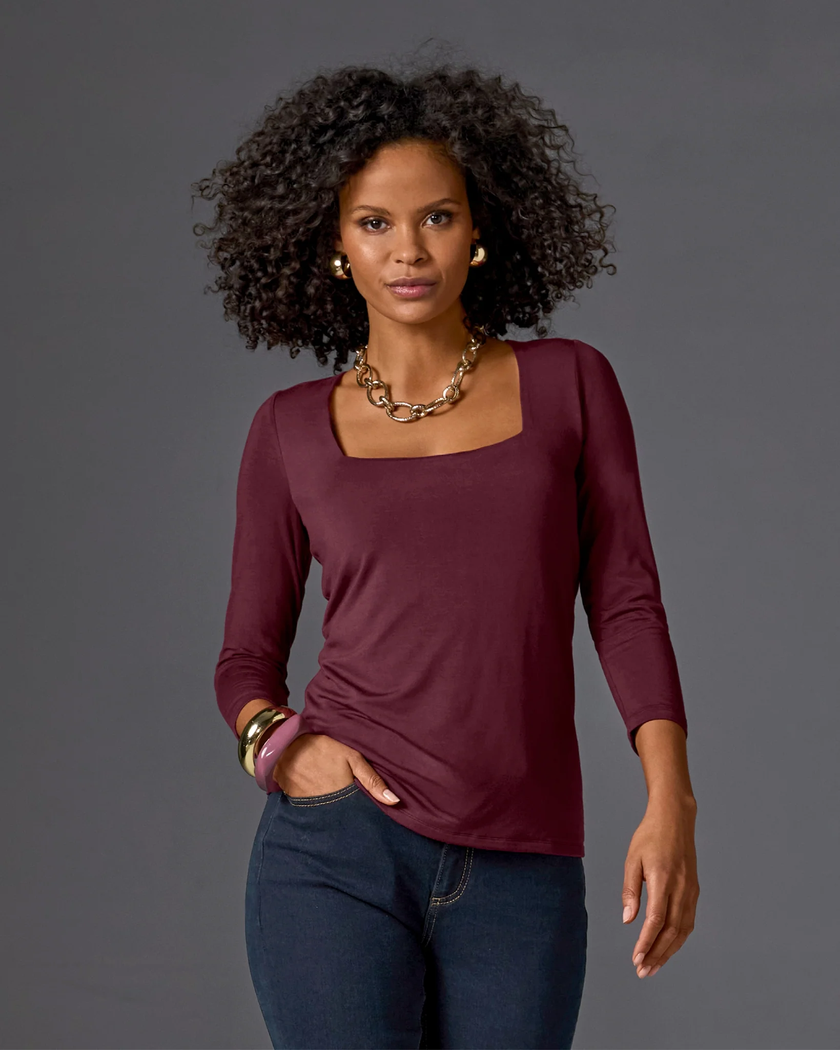 So Effortless Square Neck Three Quarter Sleeve Top Black Cherry - Mycitystee
