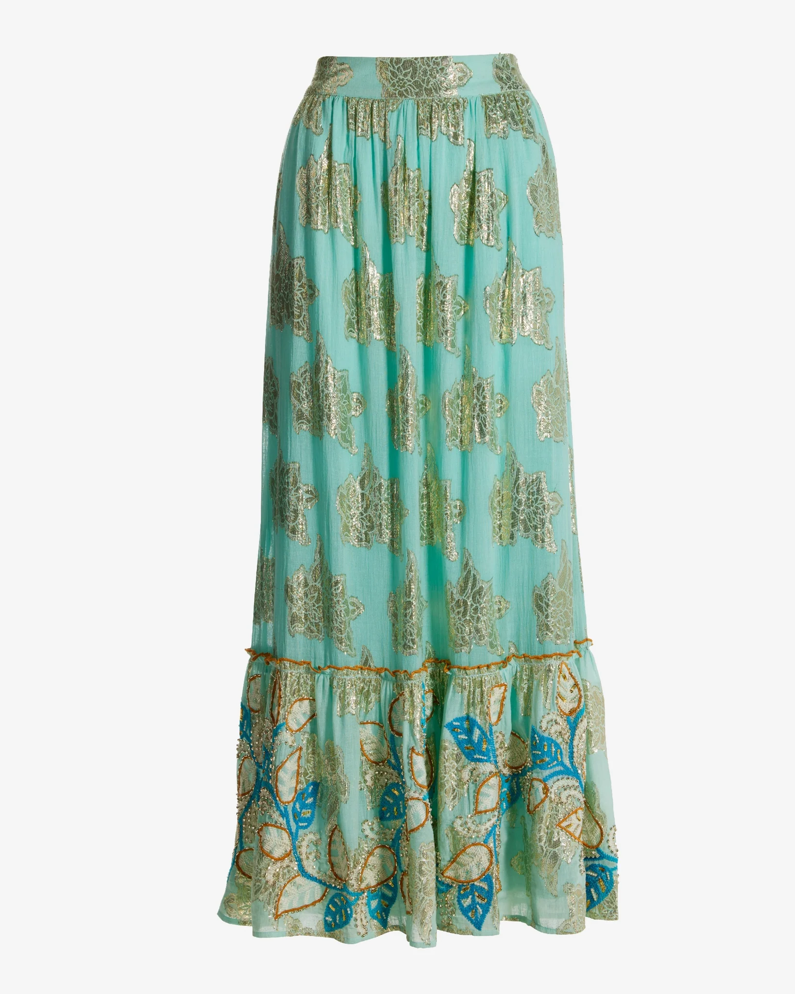 Embroidered Gold Metallic Maxi Skirt Light Blue Multi - Mycitystee