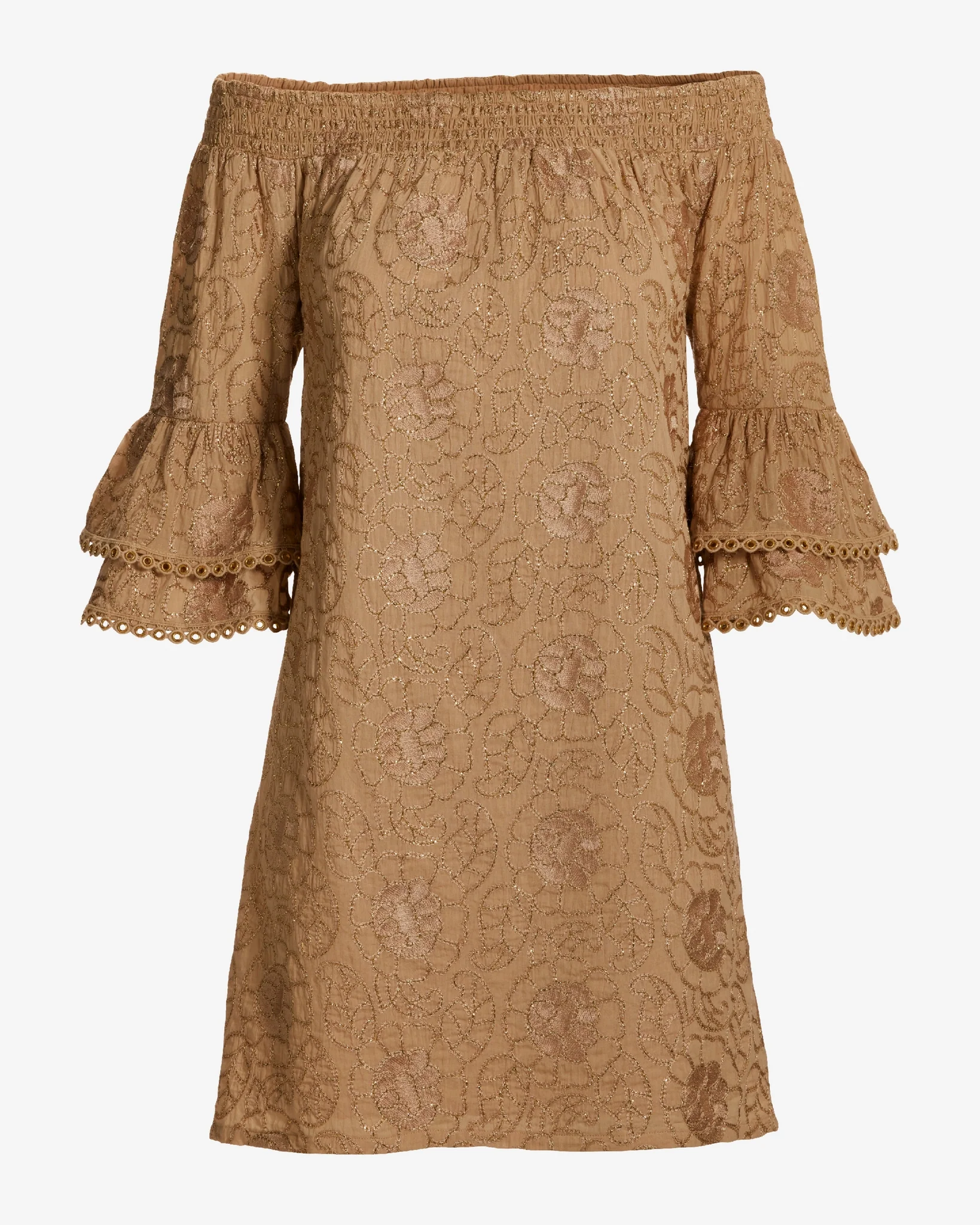 Metallic Woven Off The Shoulder Shift Dress Tan/Gold - Mycitystee