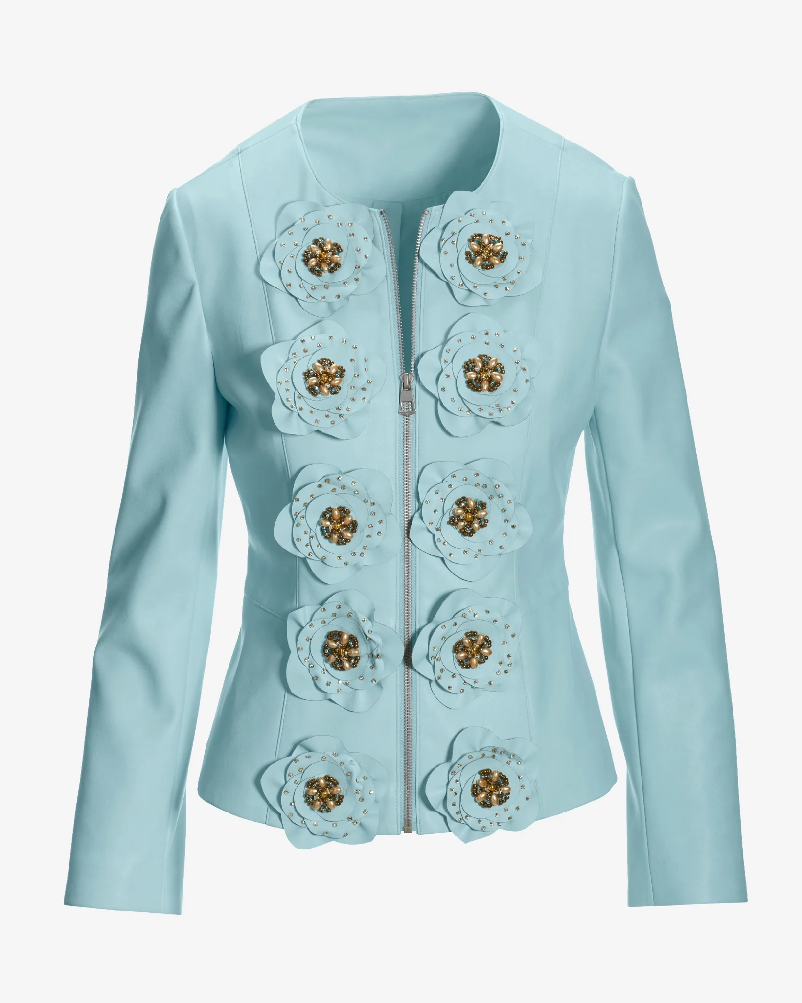 3D Rosette Embellished Faux Leather Zip Up Jacket Blue - Mycitystee