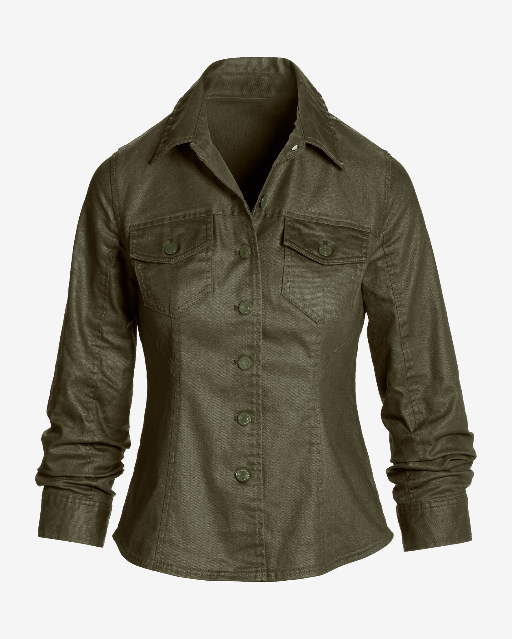 Coated Denim Ruched Sleeve Jacket Olive Night - Mycitystee