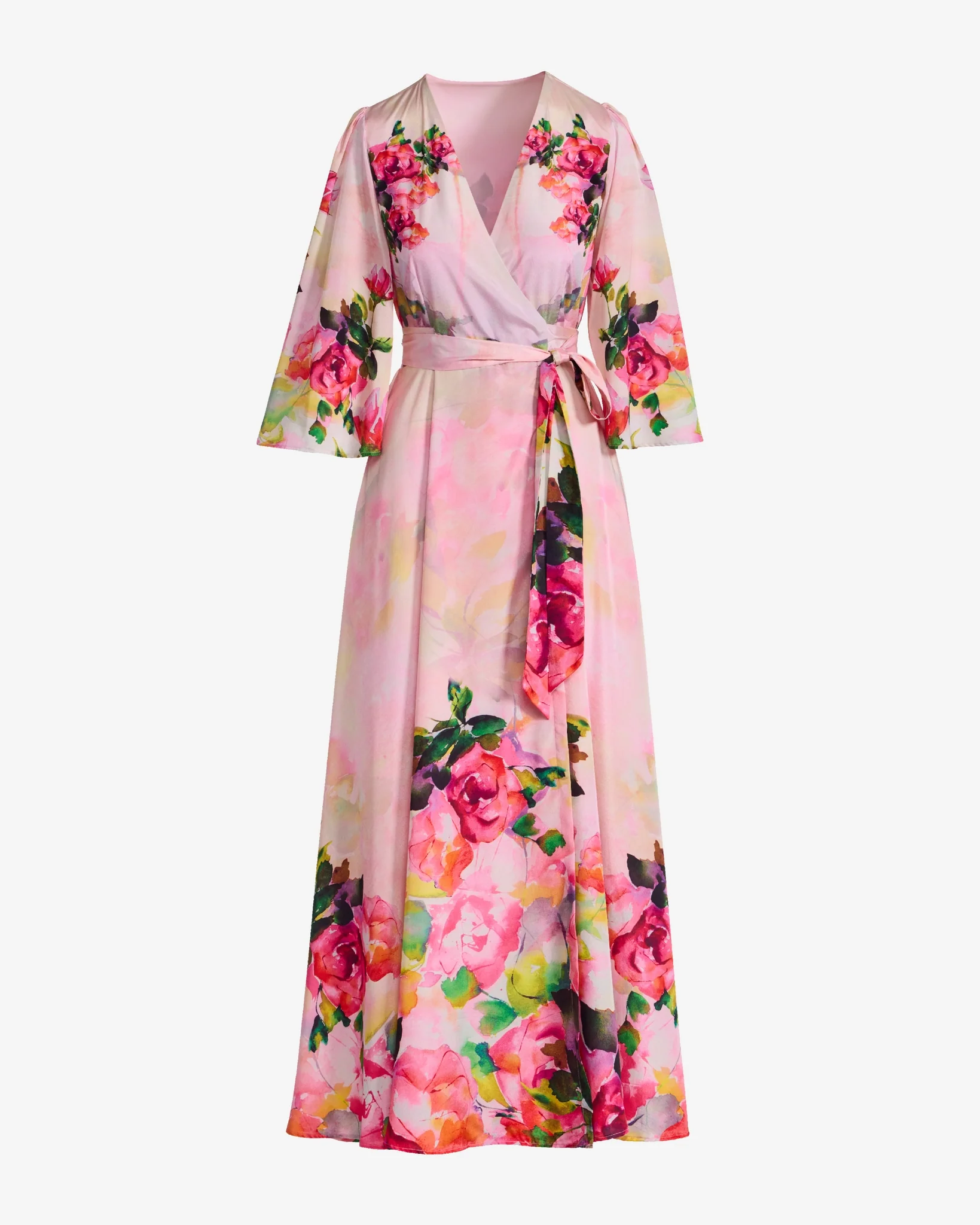 Watercolor Floral Print Wrap Maxi Dress Pink Multi - Mycitystee