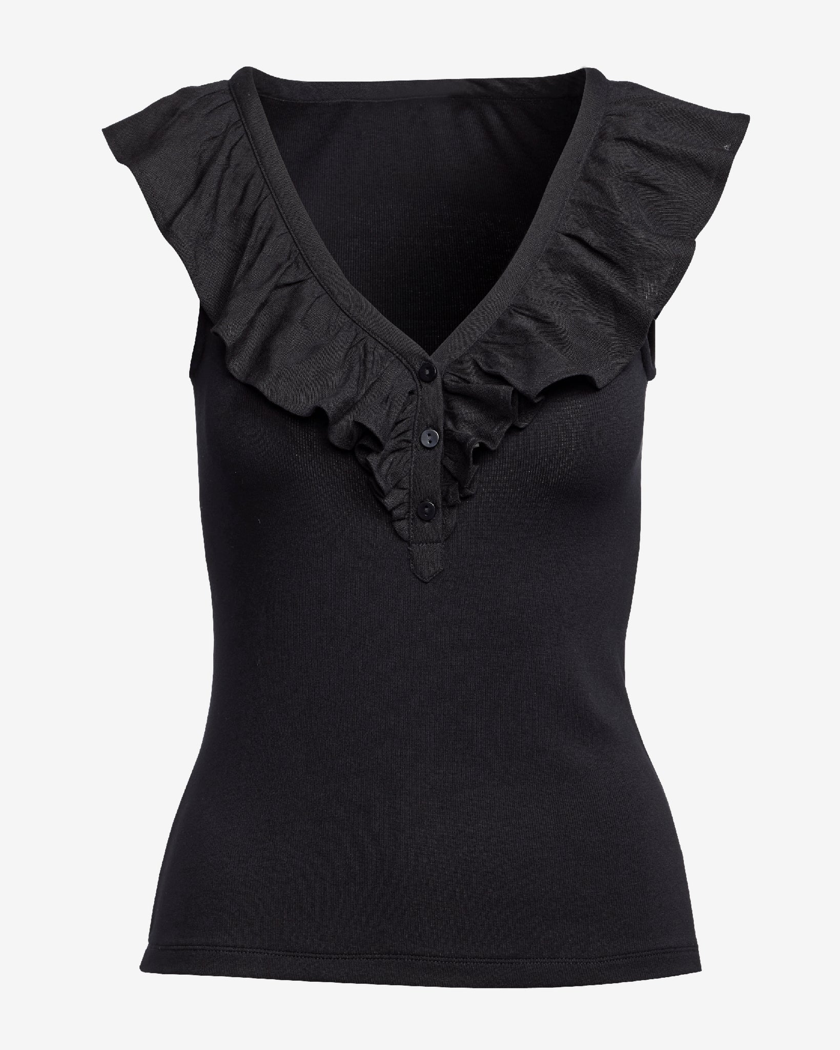 Linen Ruffle Henley Ribbed Top Black - Mycitystee