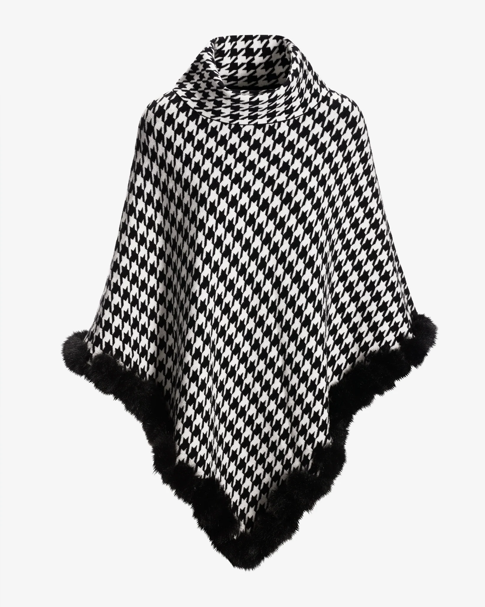 Faux Fur Trim Houndstooth Sweater Poncho Park City Houndstooth - Mycitystee