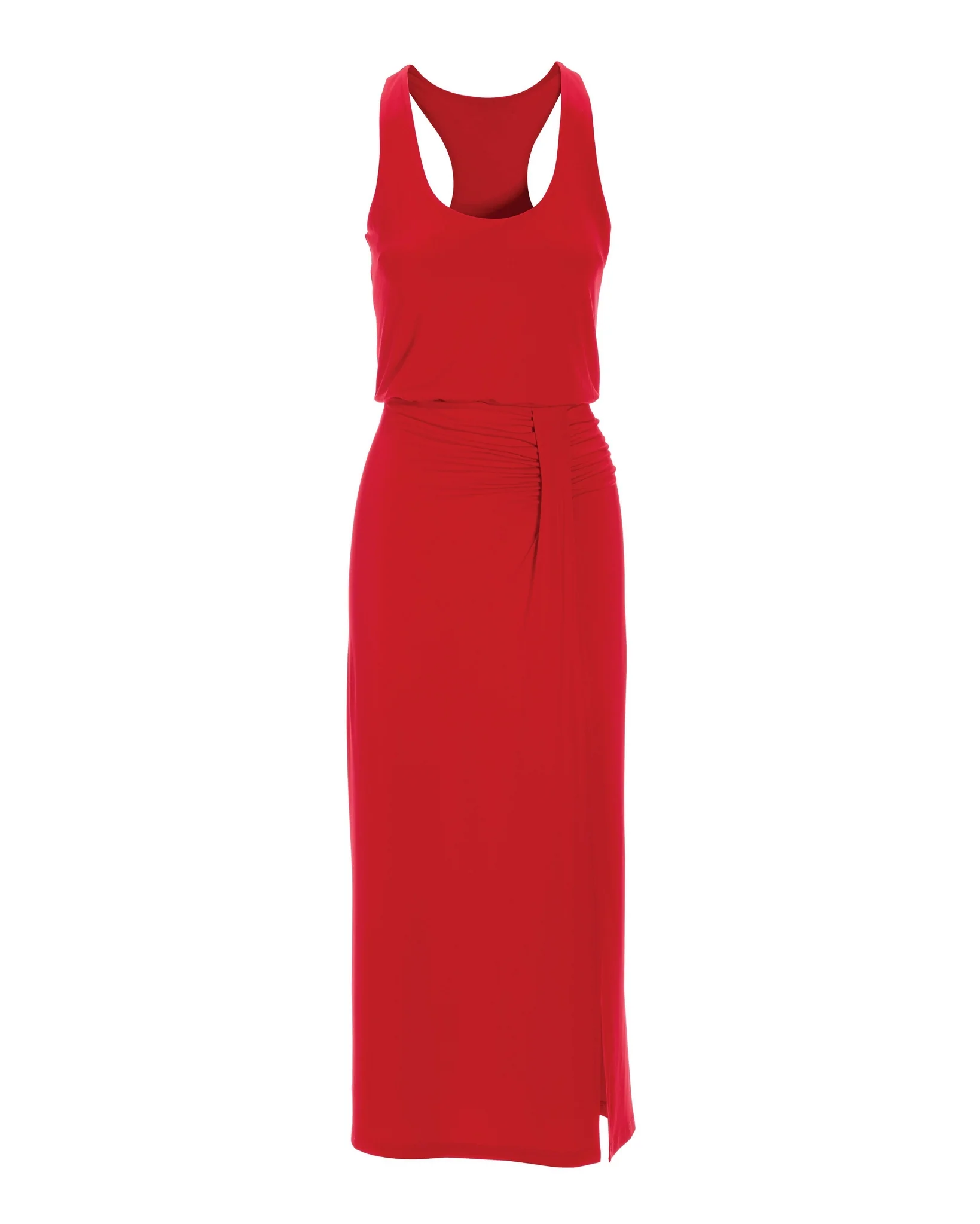 Scoop-Neck Blouson Slit Midi Dress Tomato Red - Mycitystee