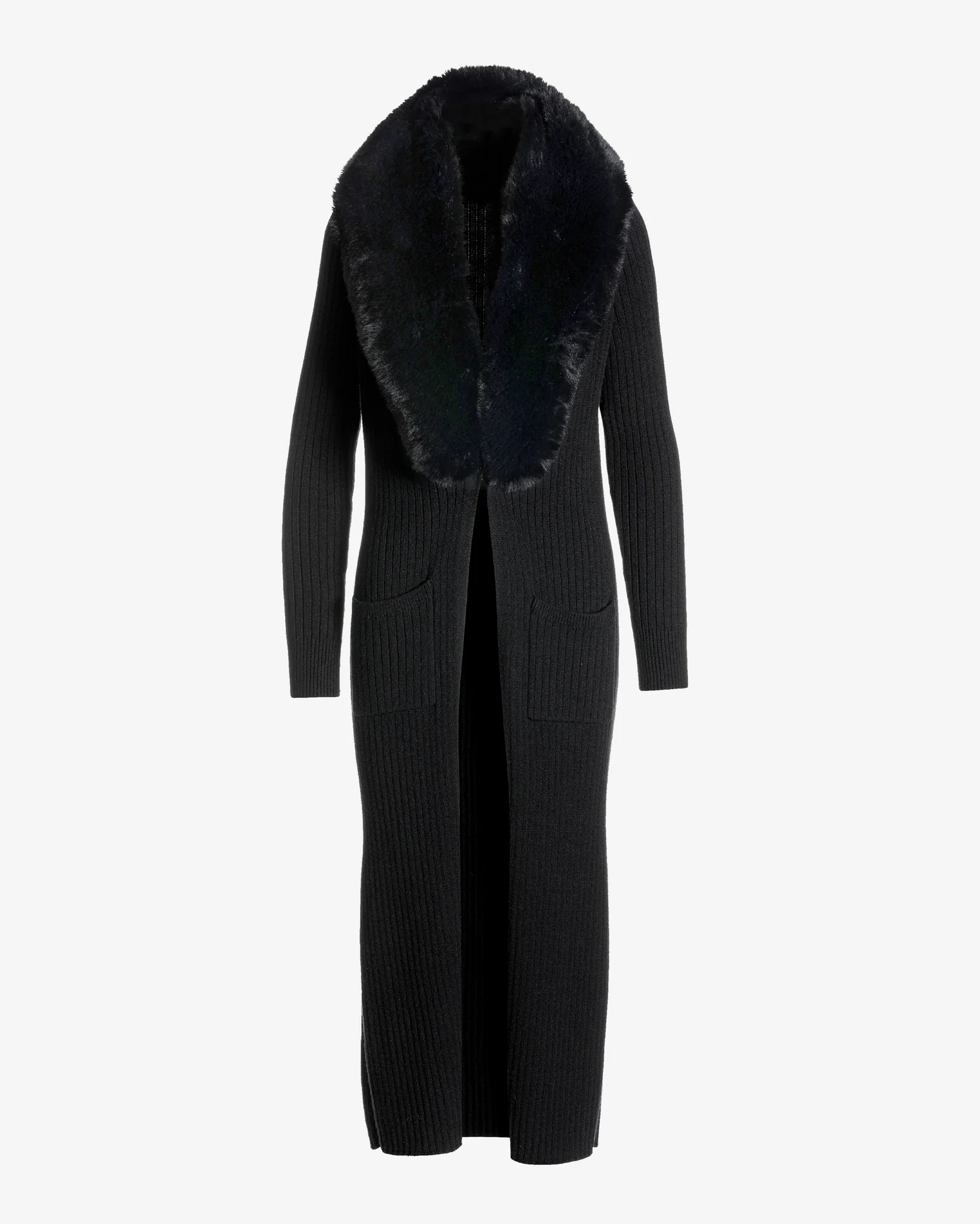 Faux Fur Collar Ribbed Long Cardigan Black/Black - Mycitystee