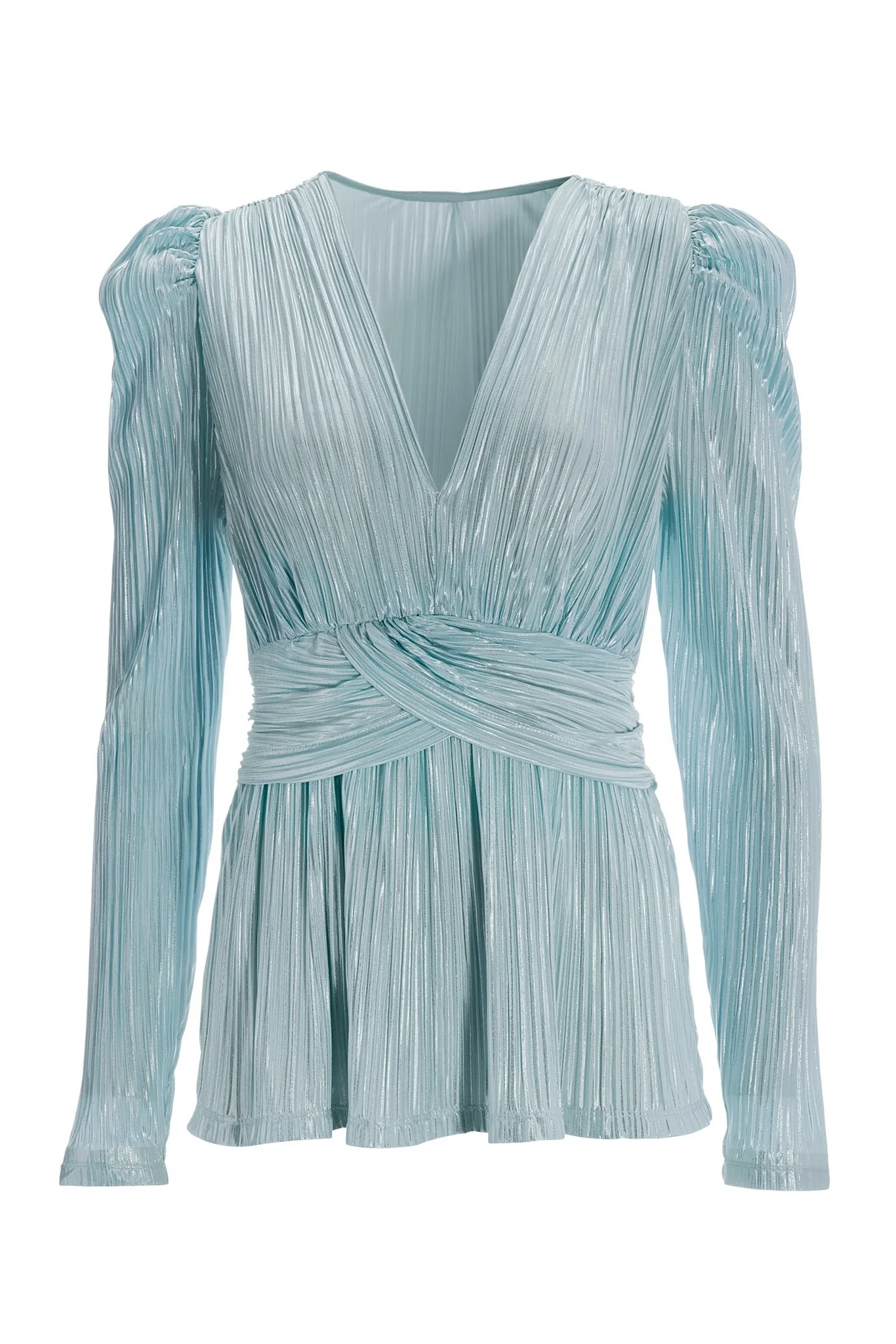 Metallic Pleated Knit Long-Sleeve Top Light Blue - Mycitystee