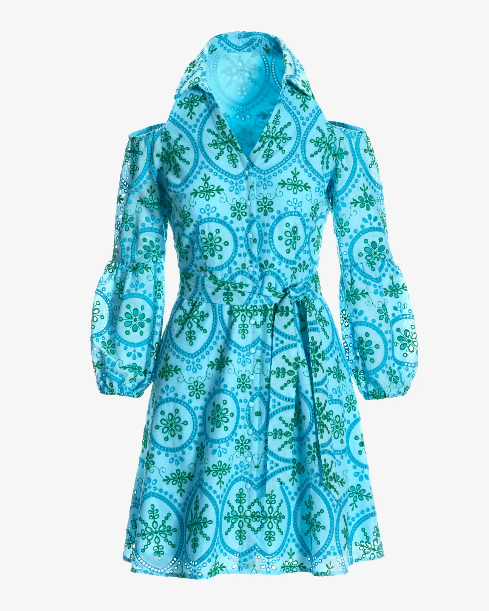 Multi Color Eyelet Cold Shoulder Fit and Flare Dress Blue Multi - Mycitystee