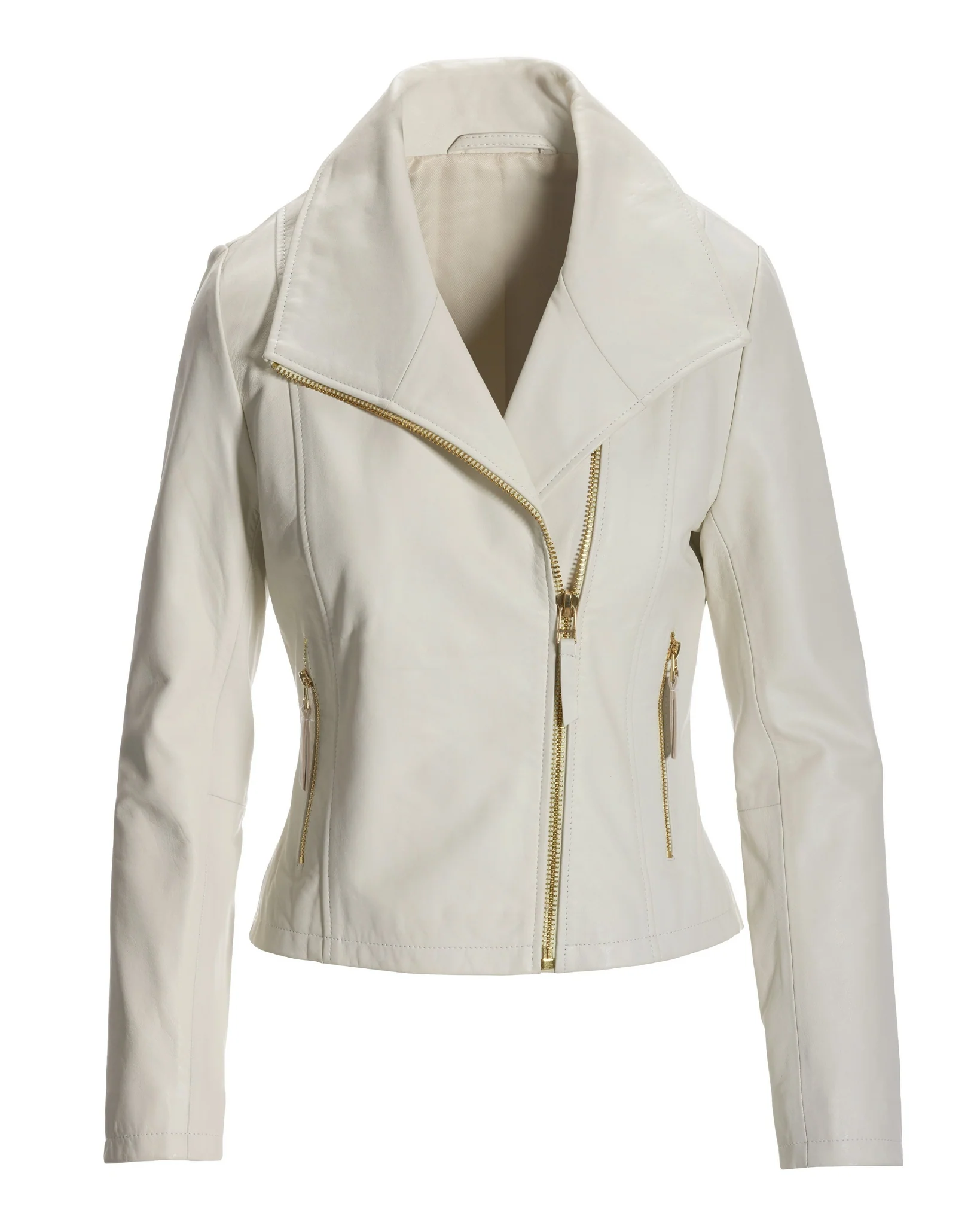 Leather Collared Moto Jacket Off White - Mycitystee