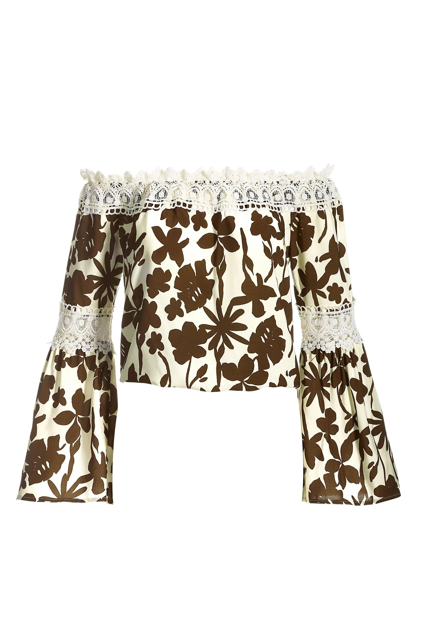 Floral Print Lace Detail Off The Shoulder Top Cream/Brown - Mycitystee