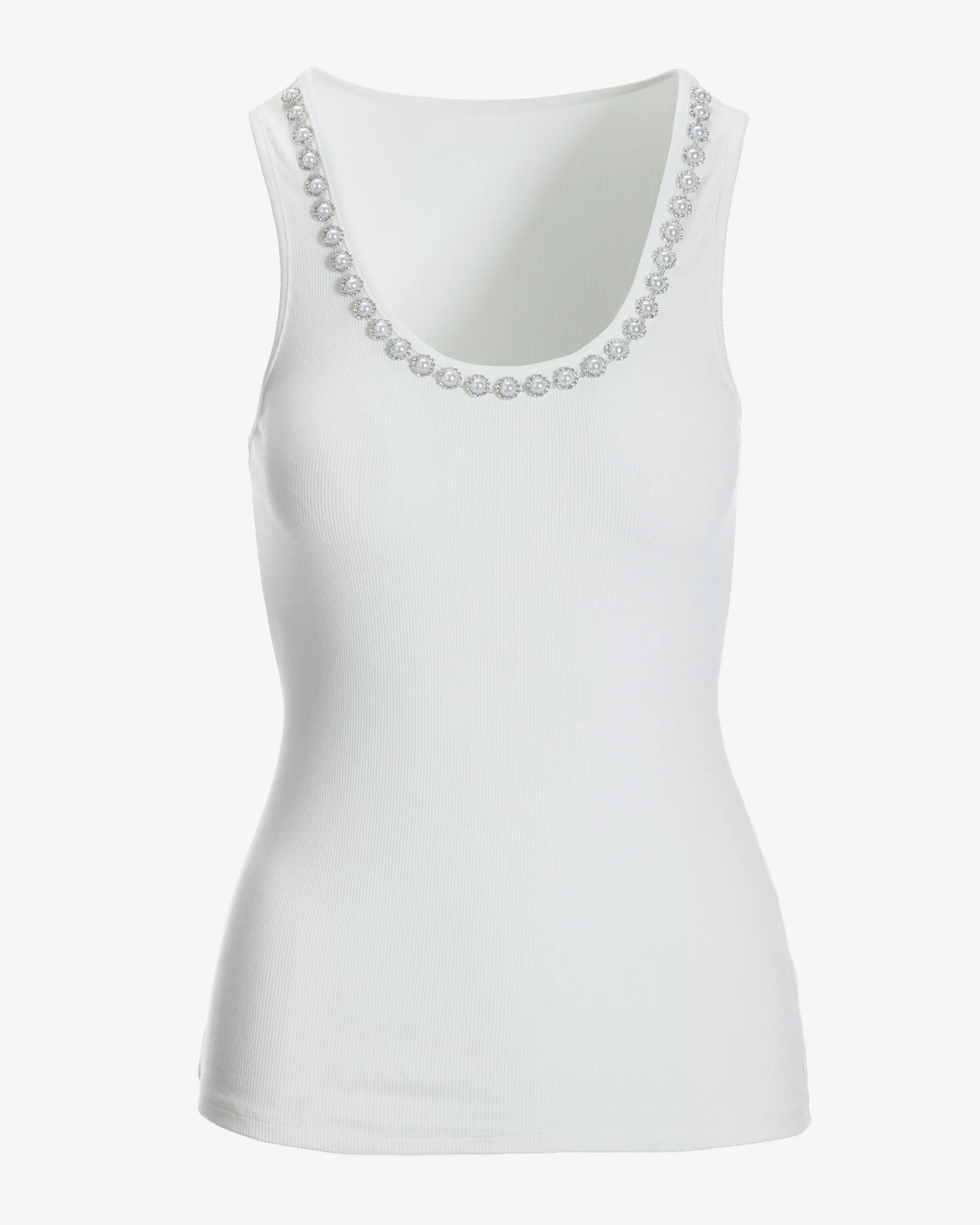 So Essential Ribbed Scoop Neck Pearl and Rhinestone Tank White - Mycitystee