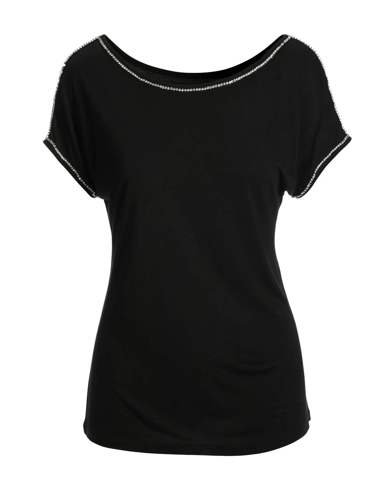 Rhinestone Trim Short-Sleeve Knit Tee Black - Mycitystee