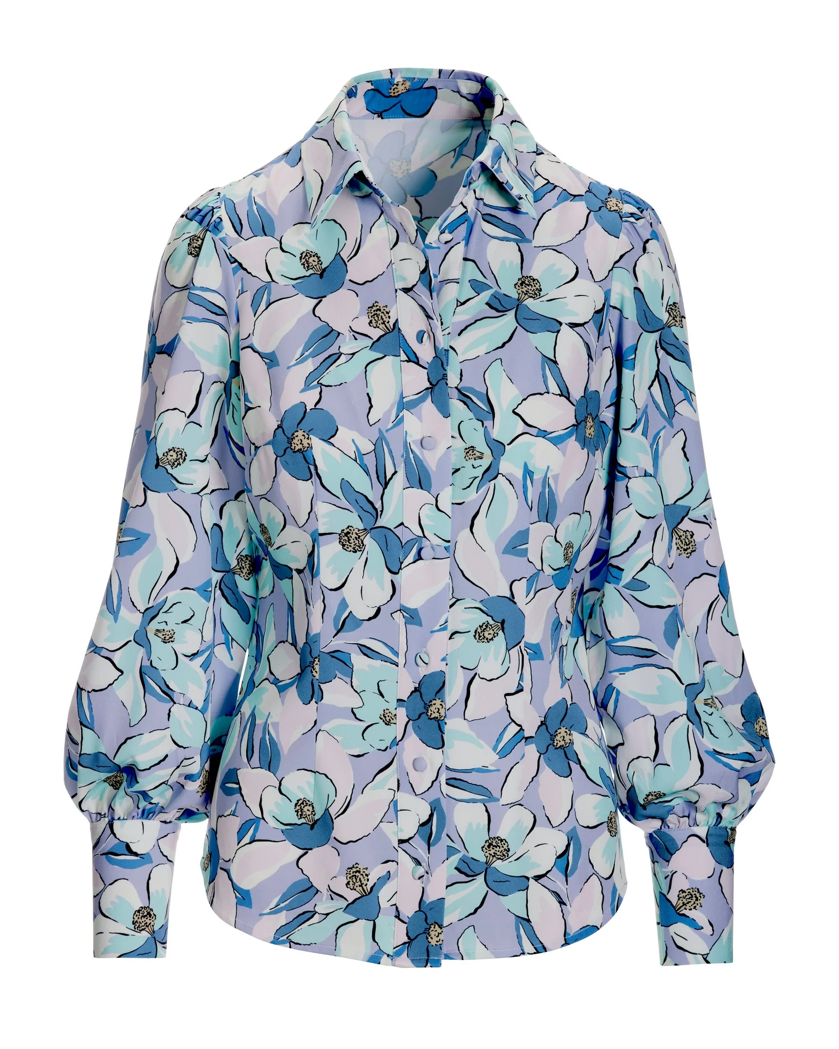Lillies Print Victoria Chic Drama-Sleeve Shirt Purple - Mycitystee