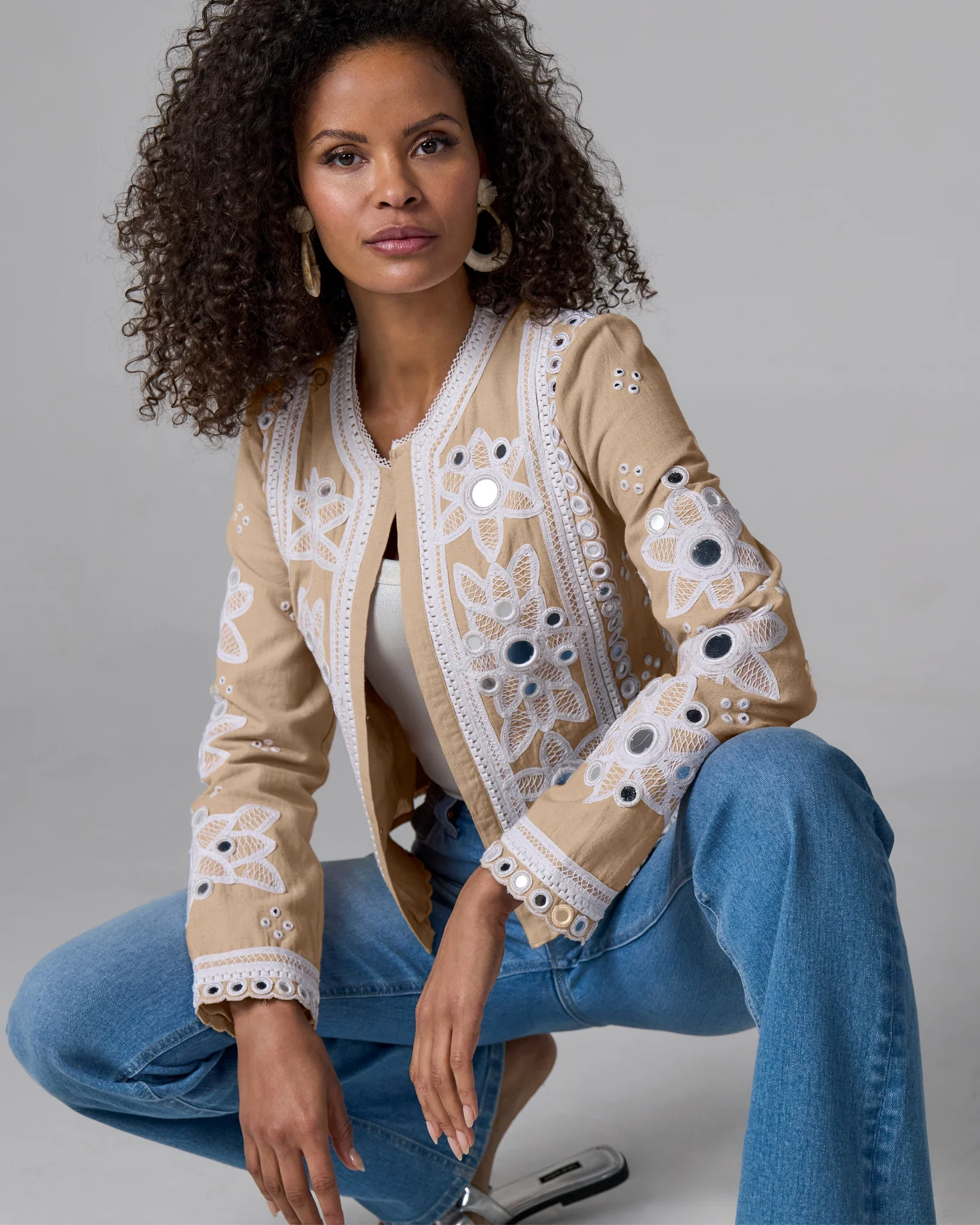 Mirror Embellished and Embroidered Linen Jacket Sesame - Mycitystee
