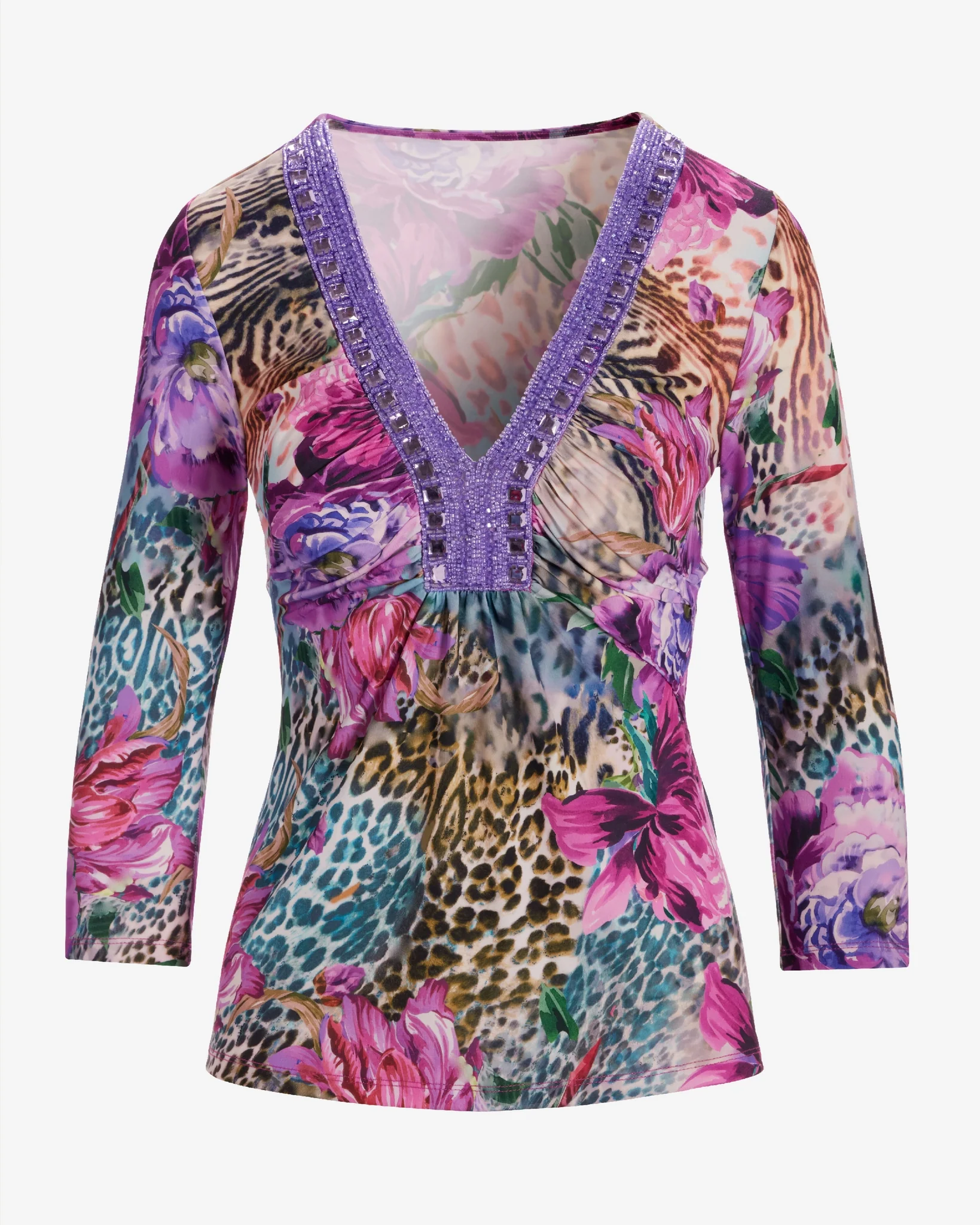 So Chic Abstract Animal Print Embellished V-Neck Top Alexandra Animal - Mycitystee