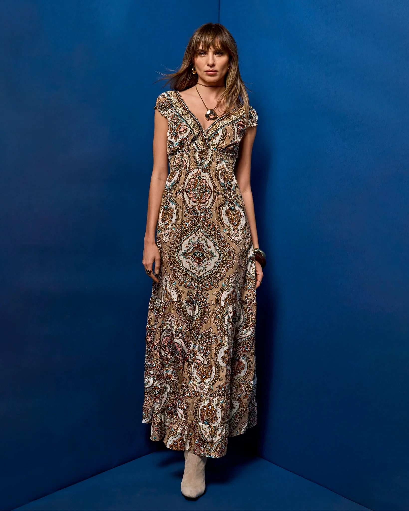 Foil Metallic Print Tiered Maxi Dress Festive Medallion - Mycitystee