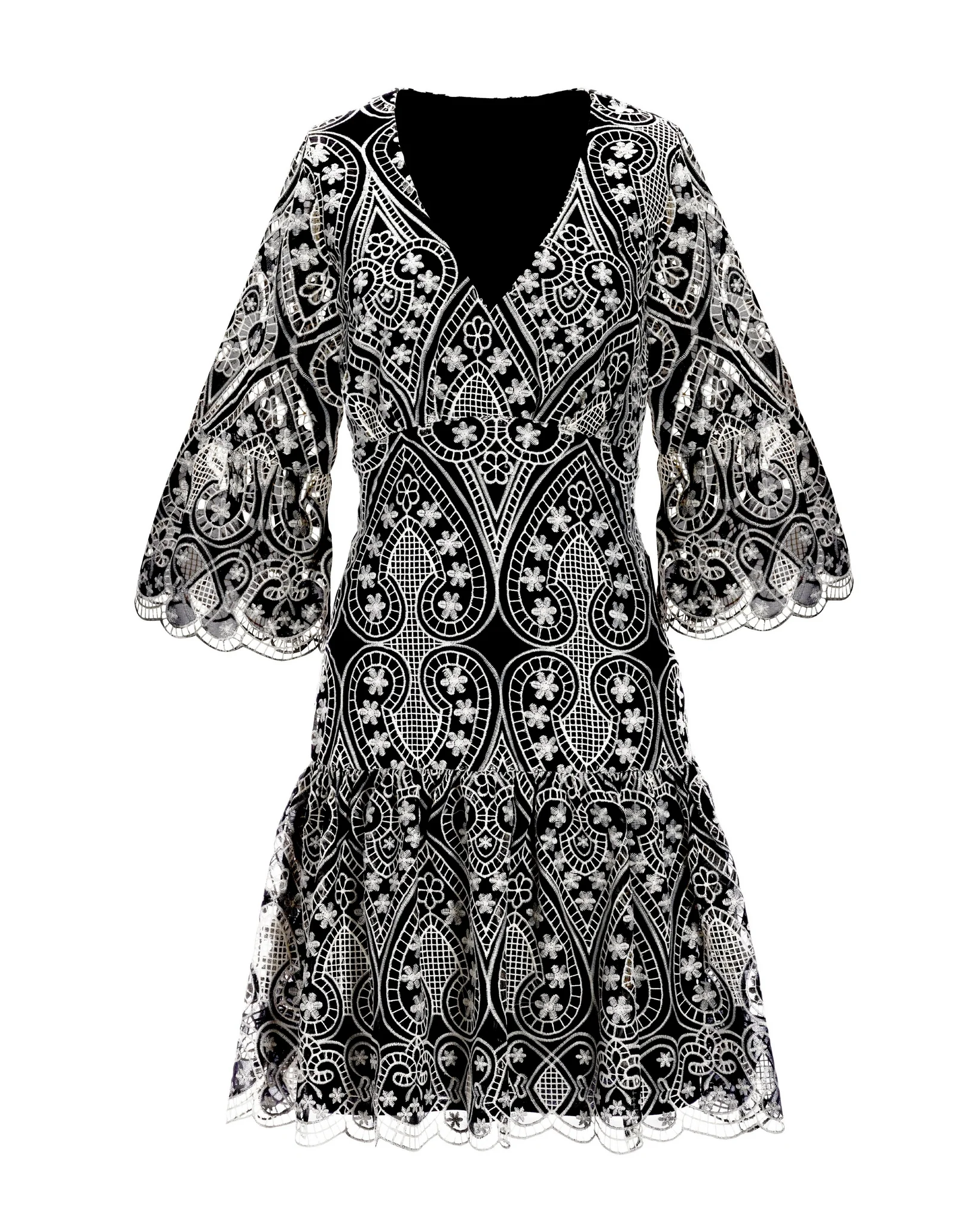 Two-Tone Lace Flounce Dress Black/White - Mycitystee