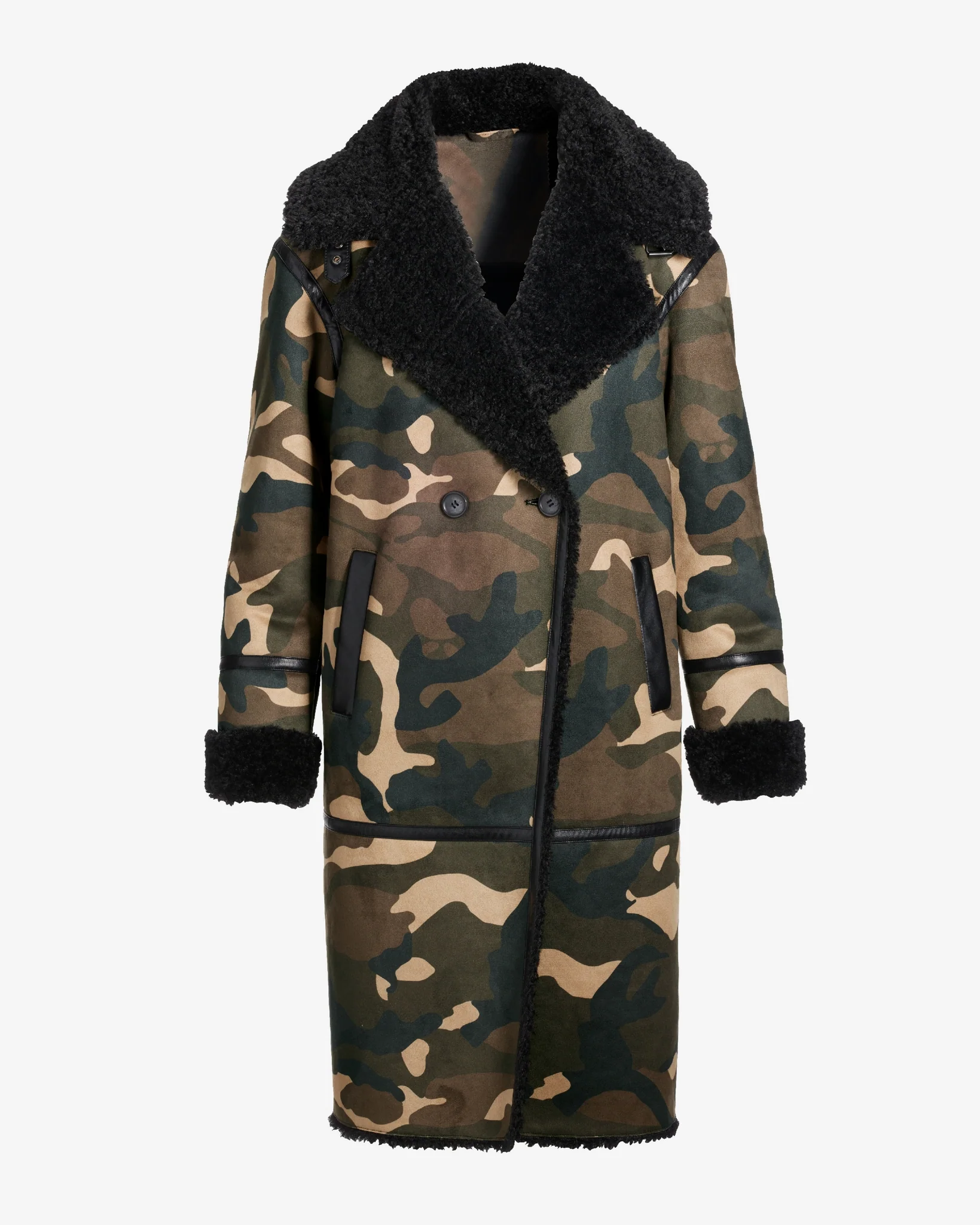 Camouflage Print Faux Suede and Shearling Coat Black Multi - Mycitystee