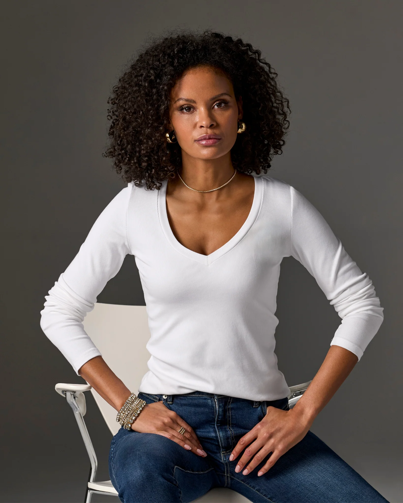 So Essential Ribbed V Neck Long Sleeve Top Pure White - Mycitystee