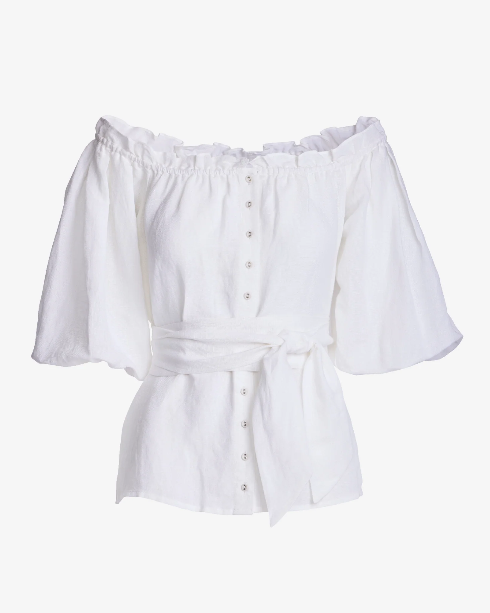 Linen Puff Sleeve Tie Waist Peplum Blouse White - Mycitystee