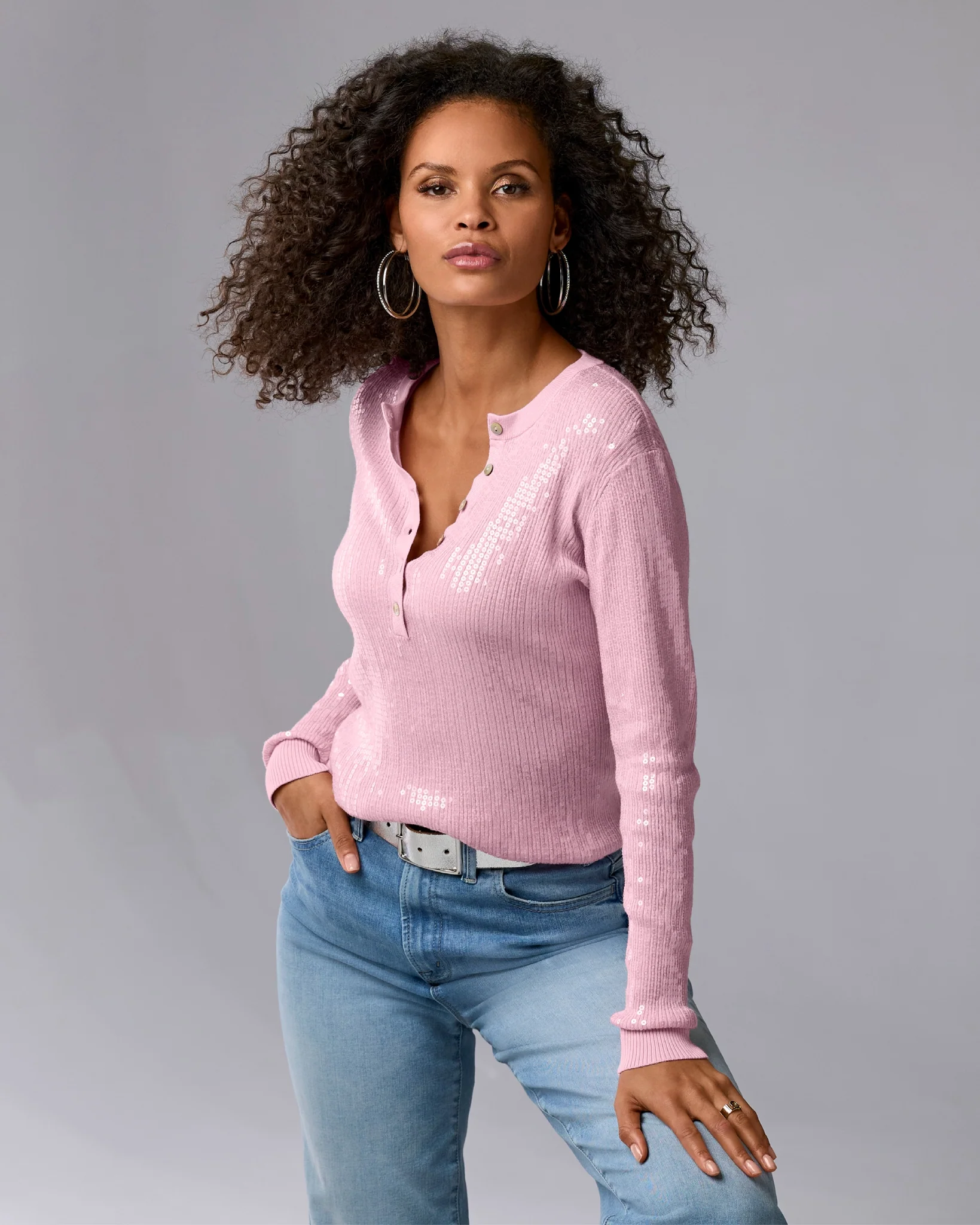 Henley Sequin Long Sleeve Sweater Roseate - Mycitystee
