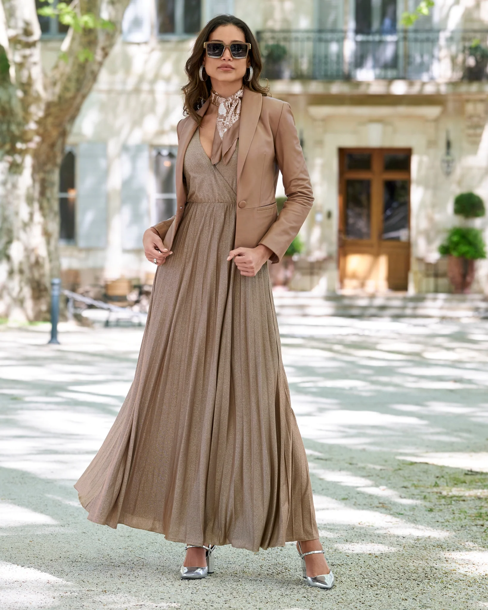 Shimmer Knit Pleated Maxi Dress Tan - Mycitystee