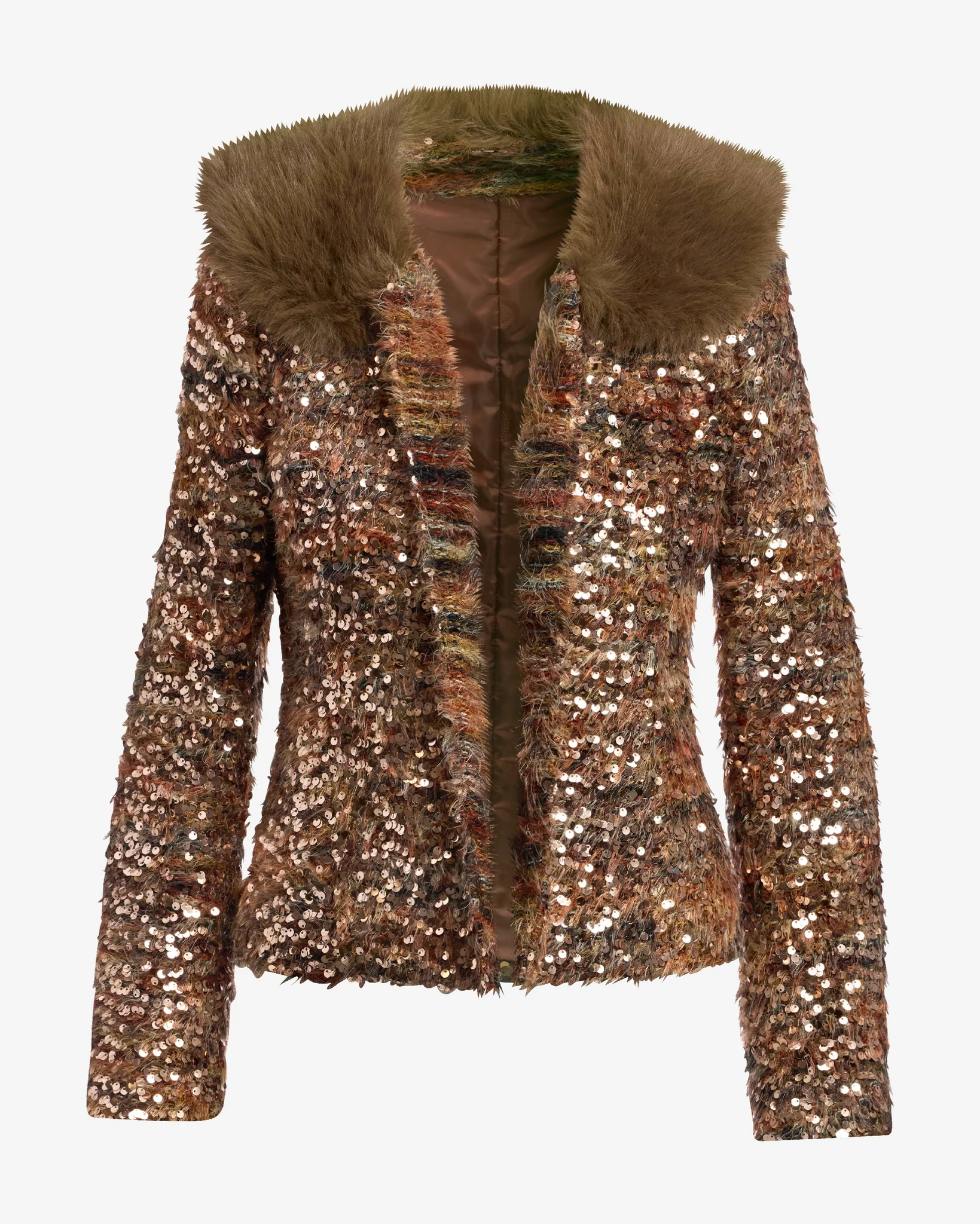 Rose Gold Sequin Faux Removable Fur Trim Jacket Multi - Mycitystee