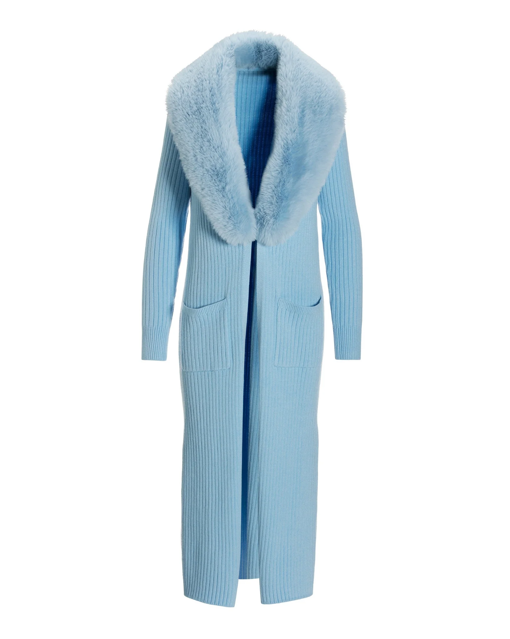 Faux Fur Collar Ribbed Long Cardigan Airy Blue - Mycitystee