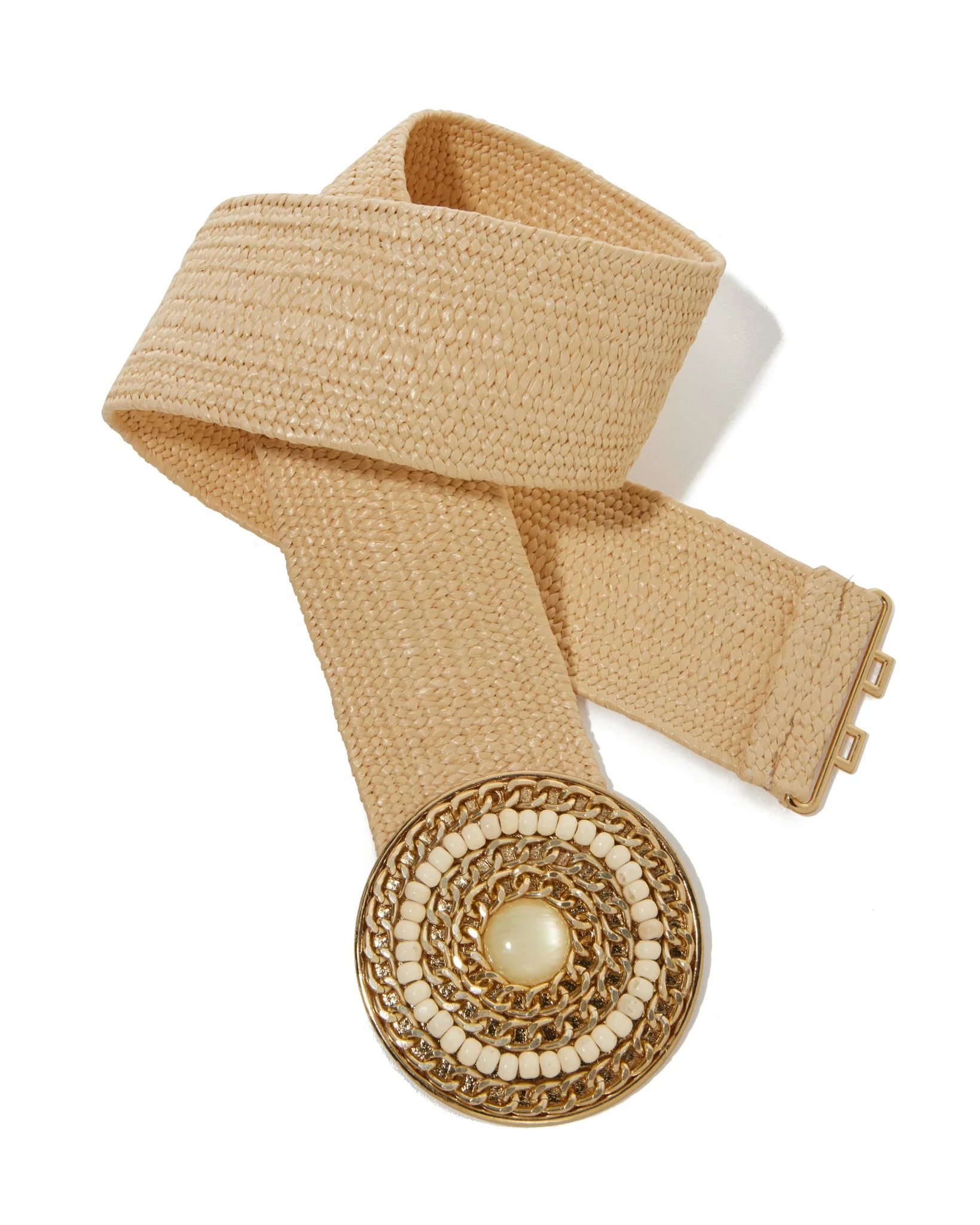 Raffia Stretch Waist Gold Chain Buckle Belt Natural - Mycitystee