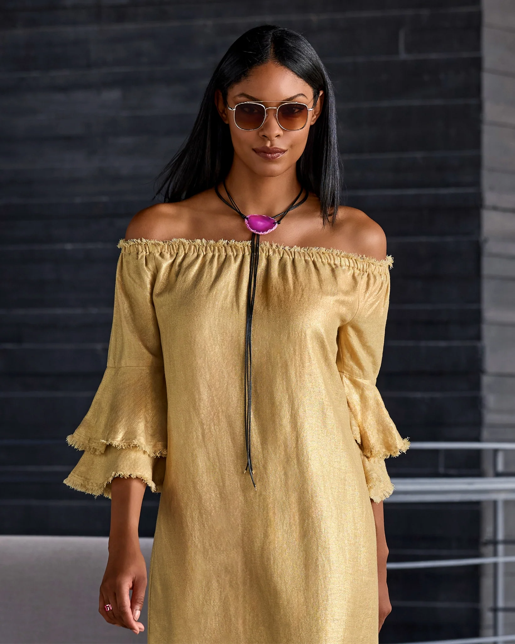 Gold Trim Tie Around Necklace Black - Mycitystee