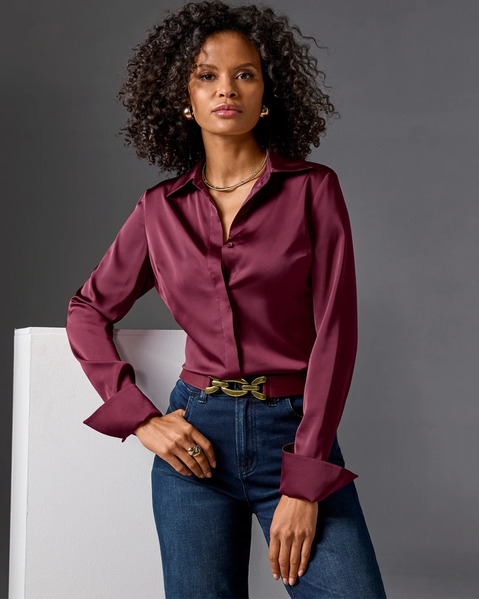 Sophia Button-Up Charmeuse Blouse Black Cherry - Mycitystee