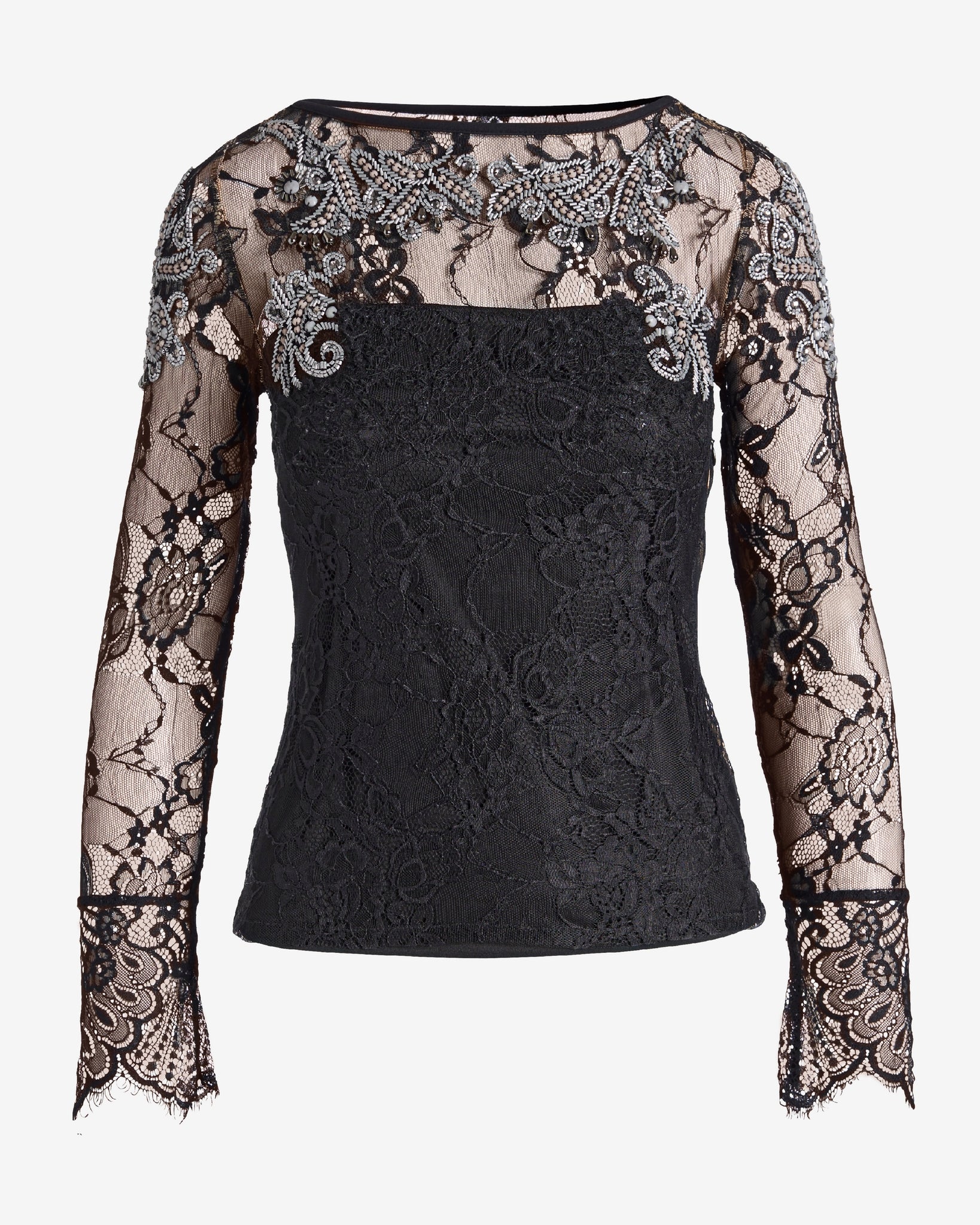 Embellished Lace Boat Neck Knit Top Black/White - Mycitystee