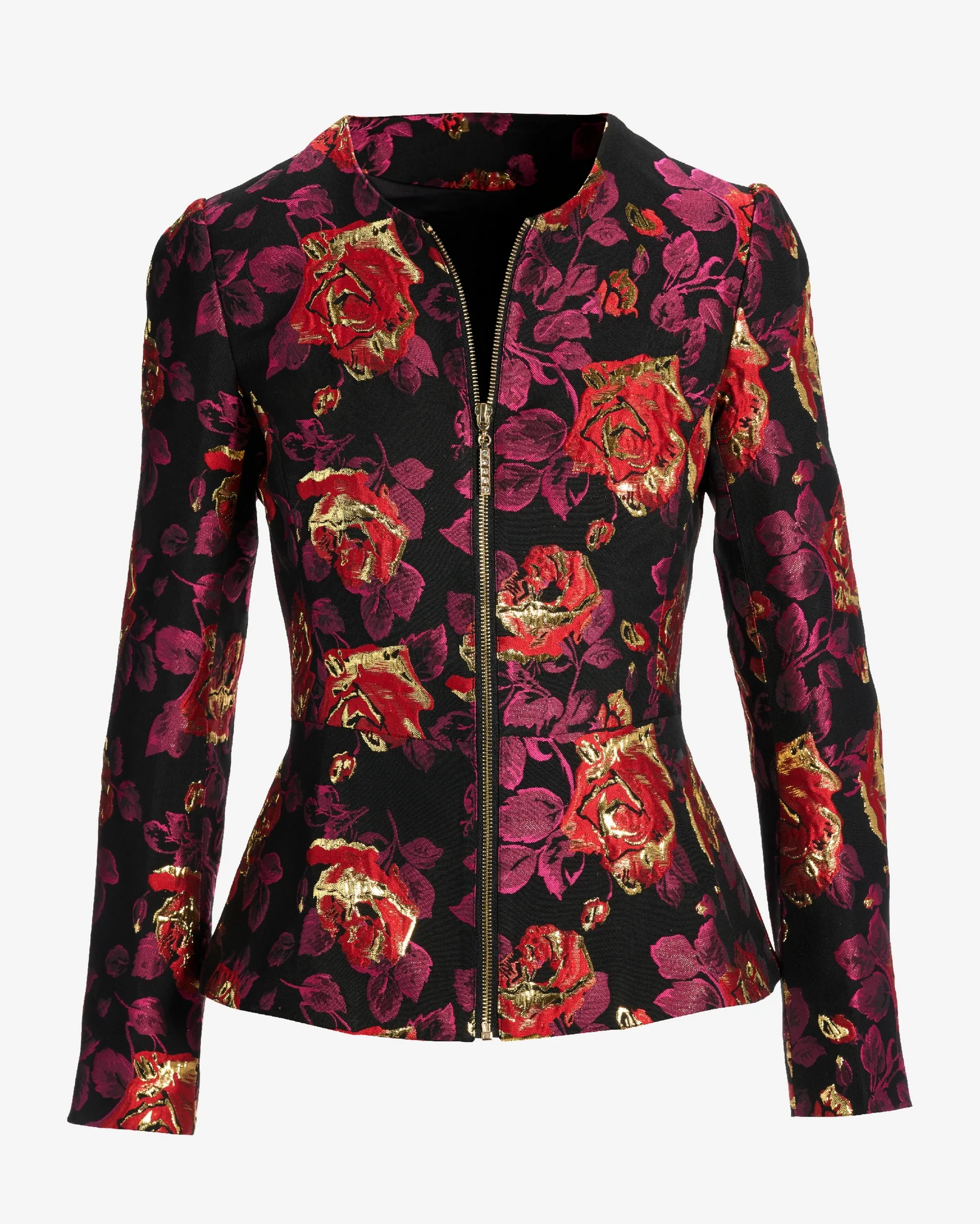 Floral Metallic Jacquard Peplum Collarless Zip Jacket Black Multi - Mycitystee