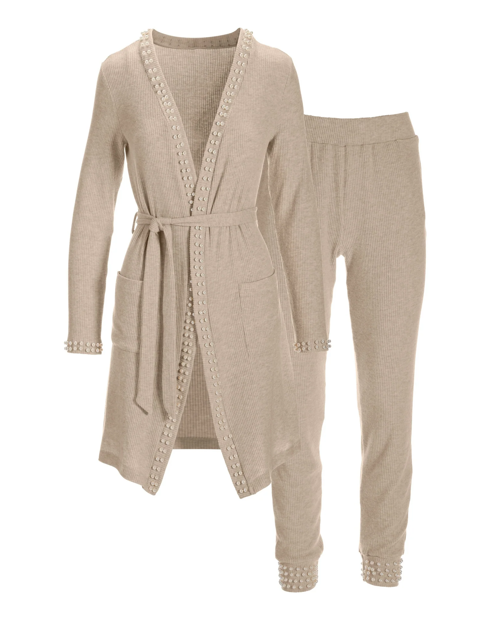 So Soft Pearl Ribbed Lounge Set Heathered Oatmeal - Mycitystee