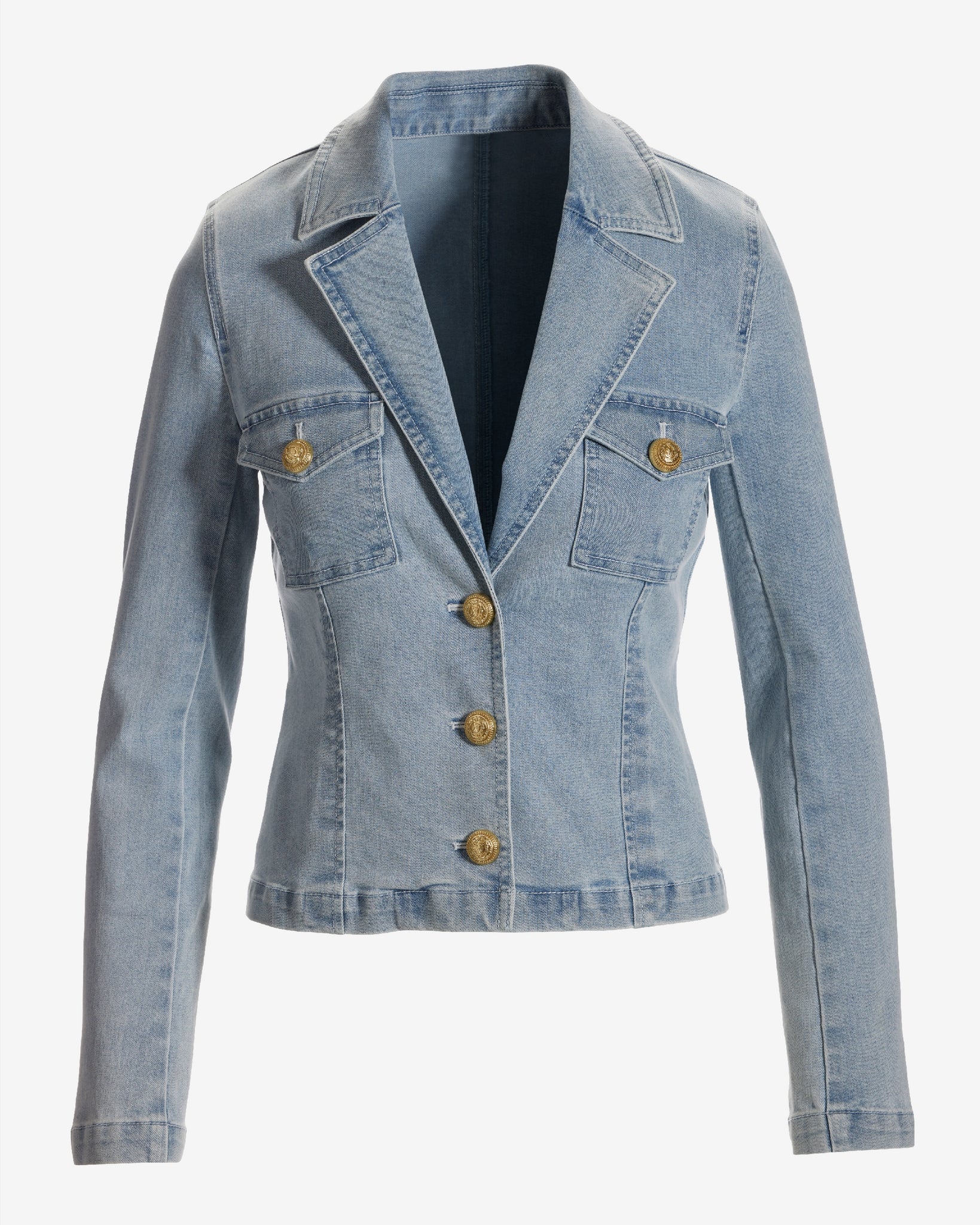 Modern Length Crest Button Luxe Denim Jacket Light Wash - Mycitystee