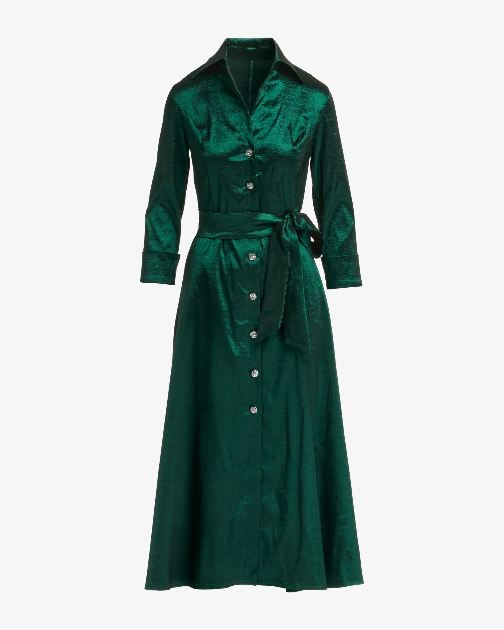 Taffeta Three Quarter Sleeve Button Up Shirt Dress Emerald - Mycitystee