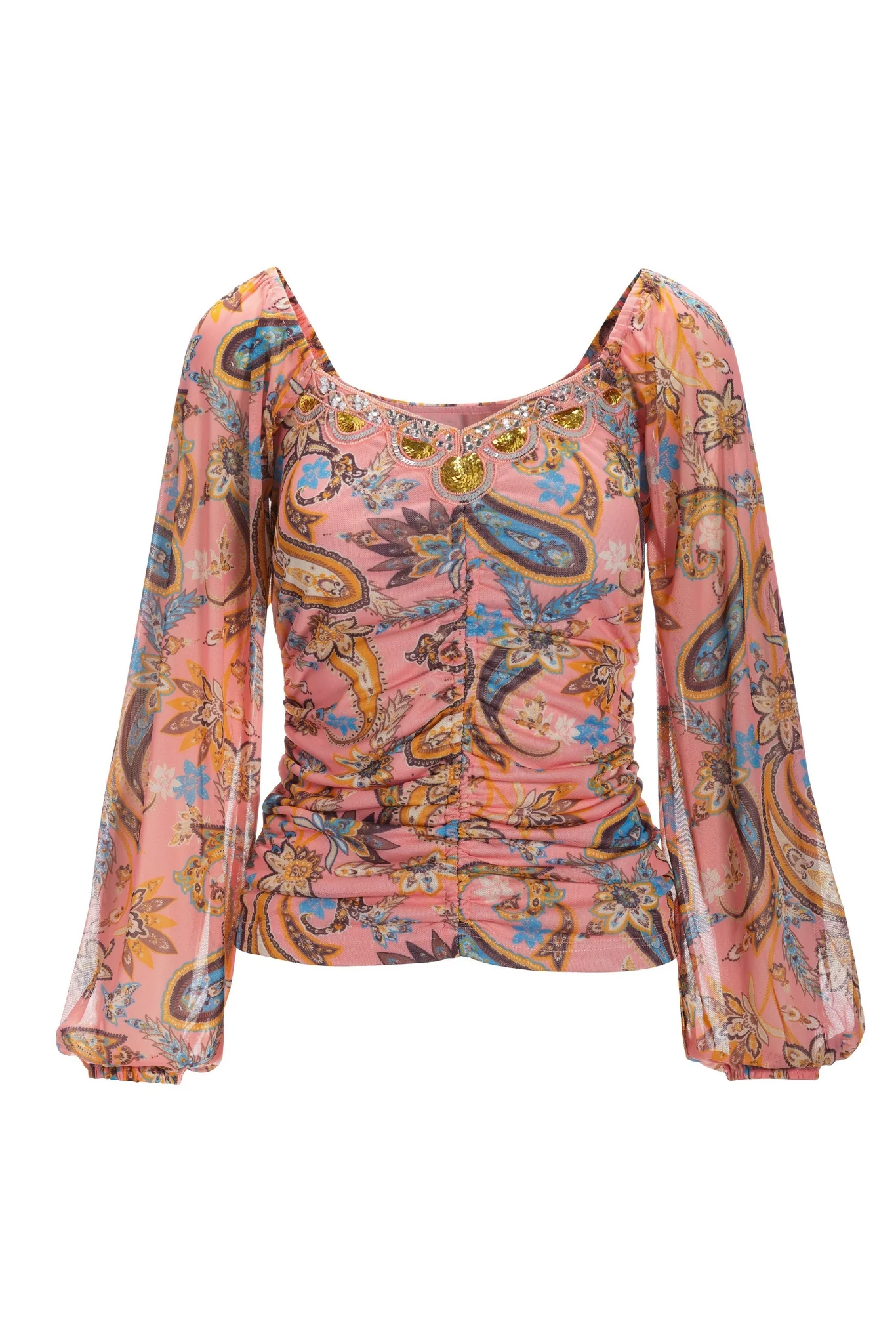 Paisley Mesh Embellished Ruched Top Pink Multi - Mycitystee
