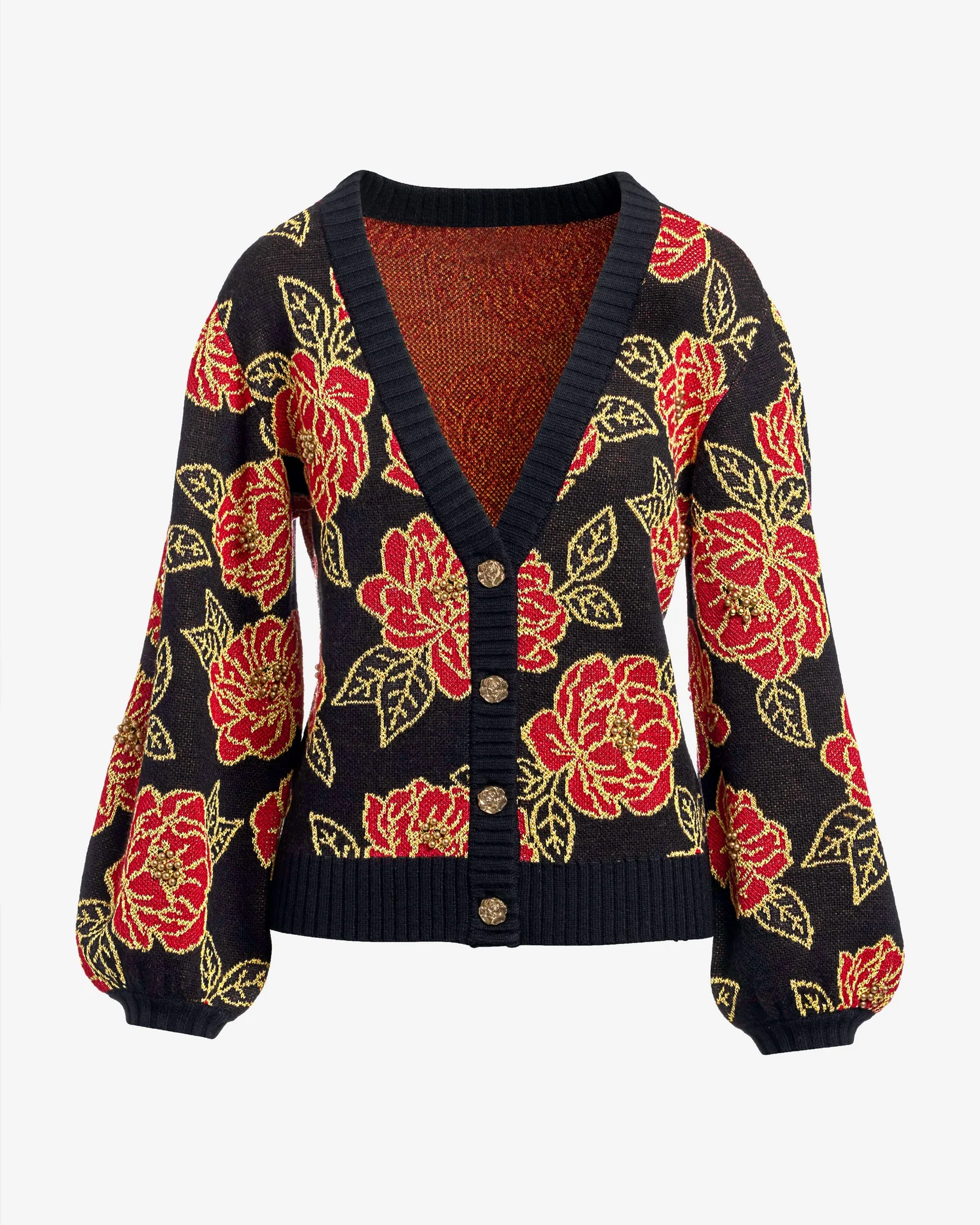 Floral Printed Button Up Cardigan Intarsia Rose - Mycitystee