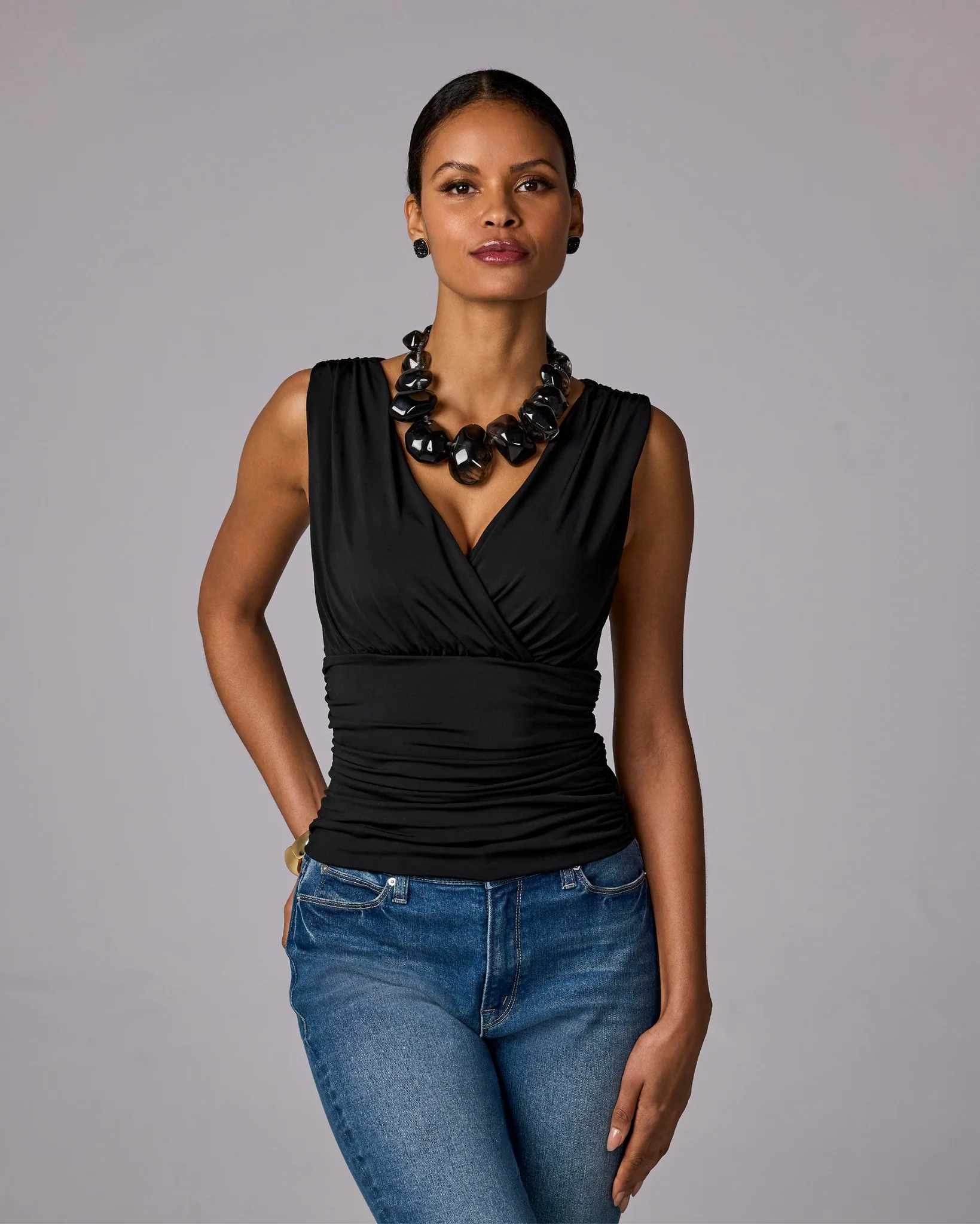 So Chic Surplice Ruched Top Proper Black - Mycitystee