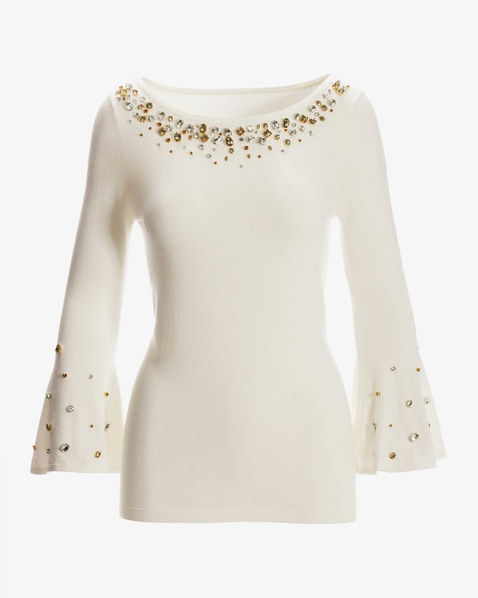 Embellished Boat Neck Flare Sleeve Sweater Off White - Mycitystee