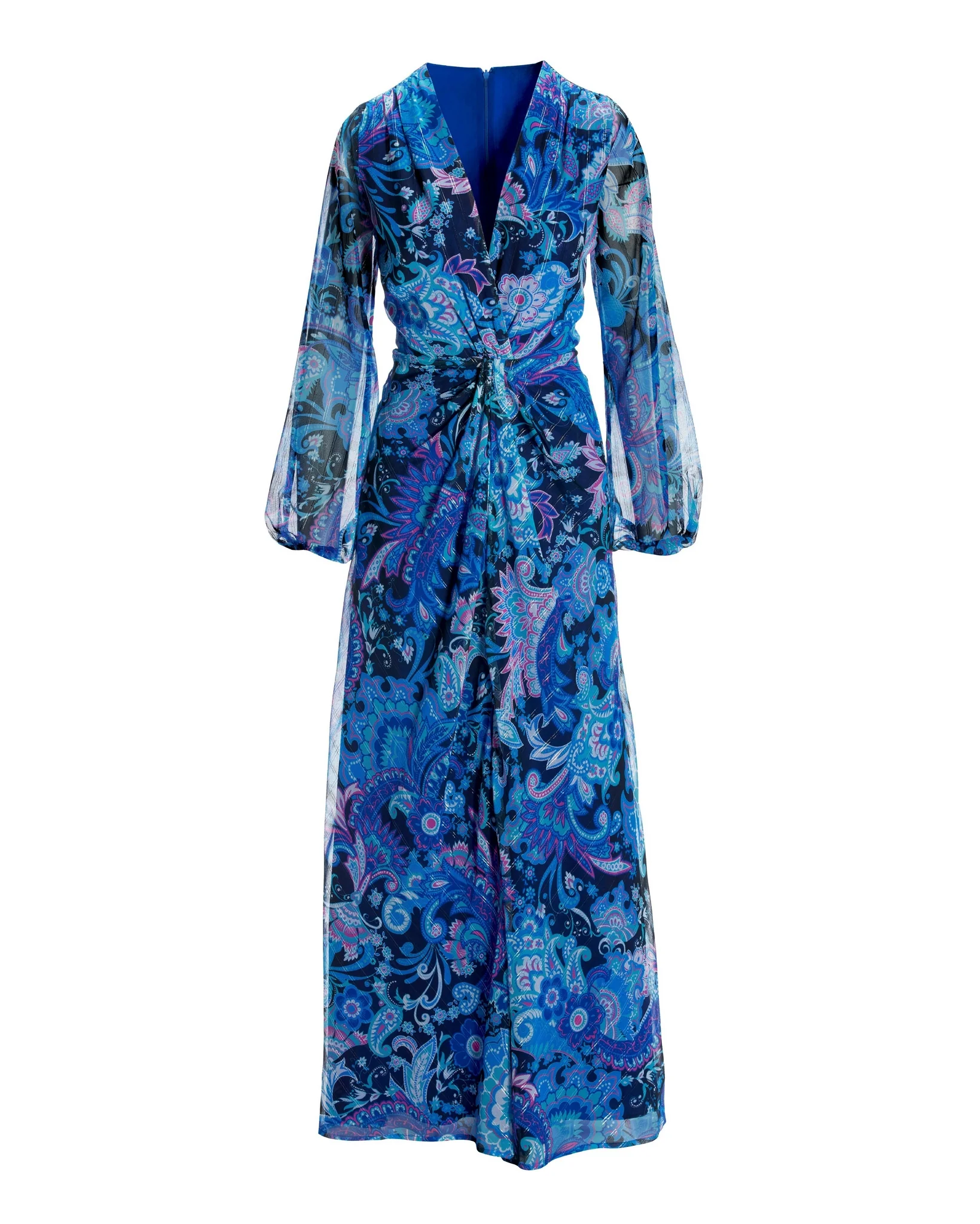Knightsbridge Fleurs Print Shimmer Front Slit Maxi Dress Blue Multi - Mycitystee