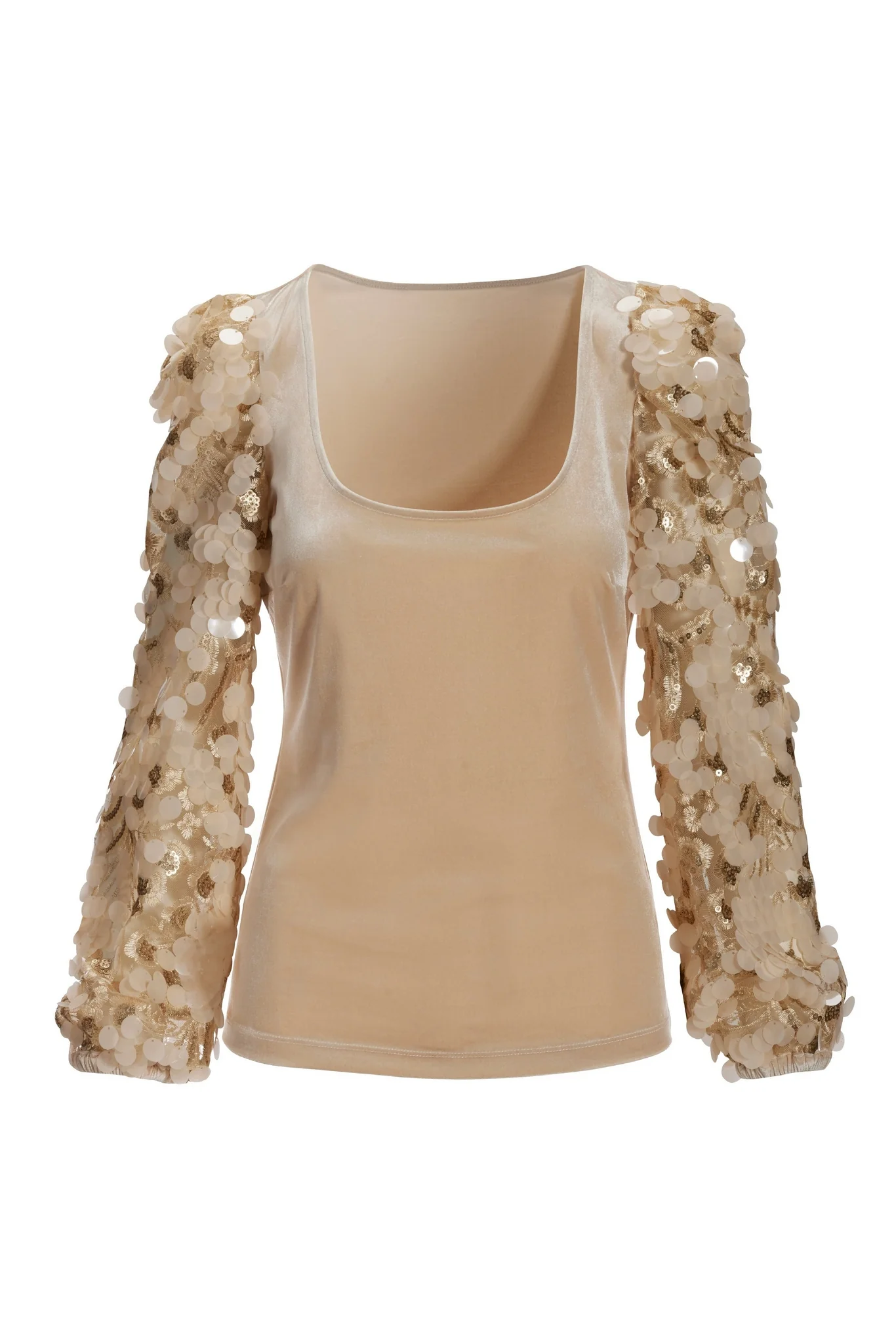 Embroidered Paillette Sequin-Sleeve Velvet Knit Top Champagne - Mycitystee