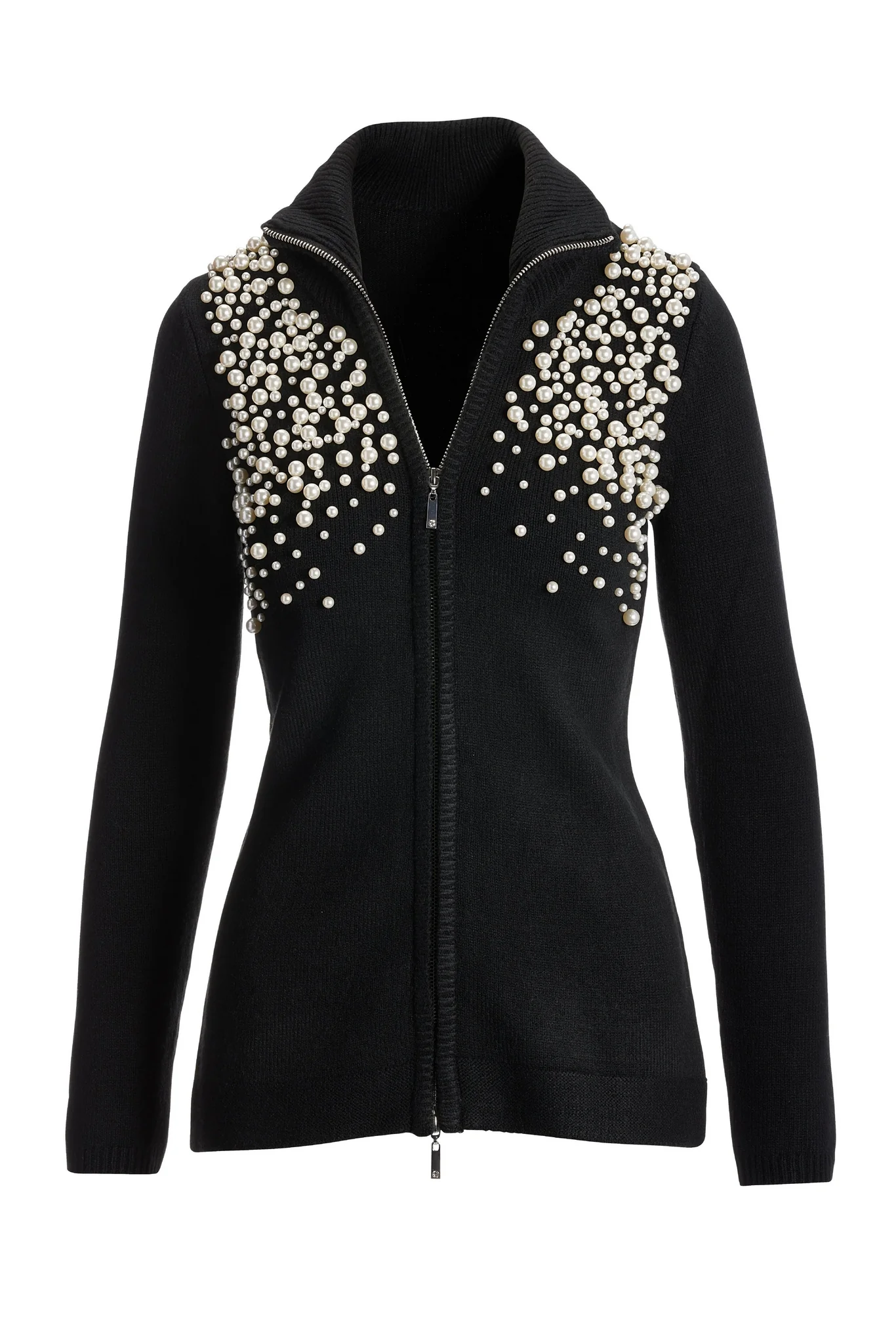 Pearl Embellished Zip-Up Cardigan Sweater Black - Mycitystee