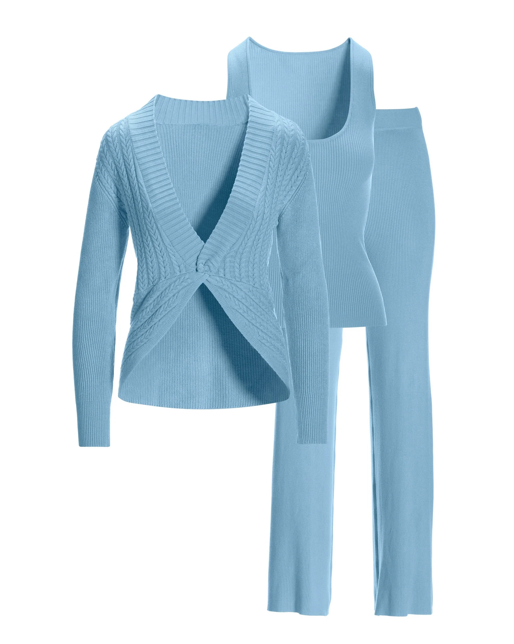 Three Piece Sweater Lounge Set Airy Blue - Mycitystee