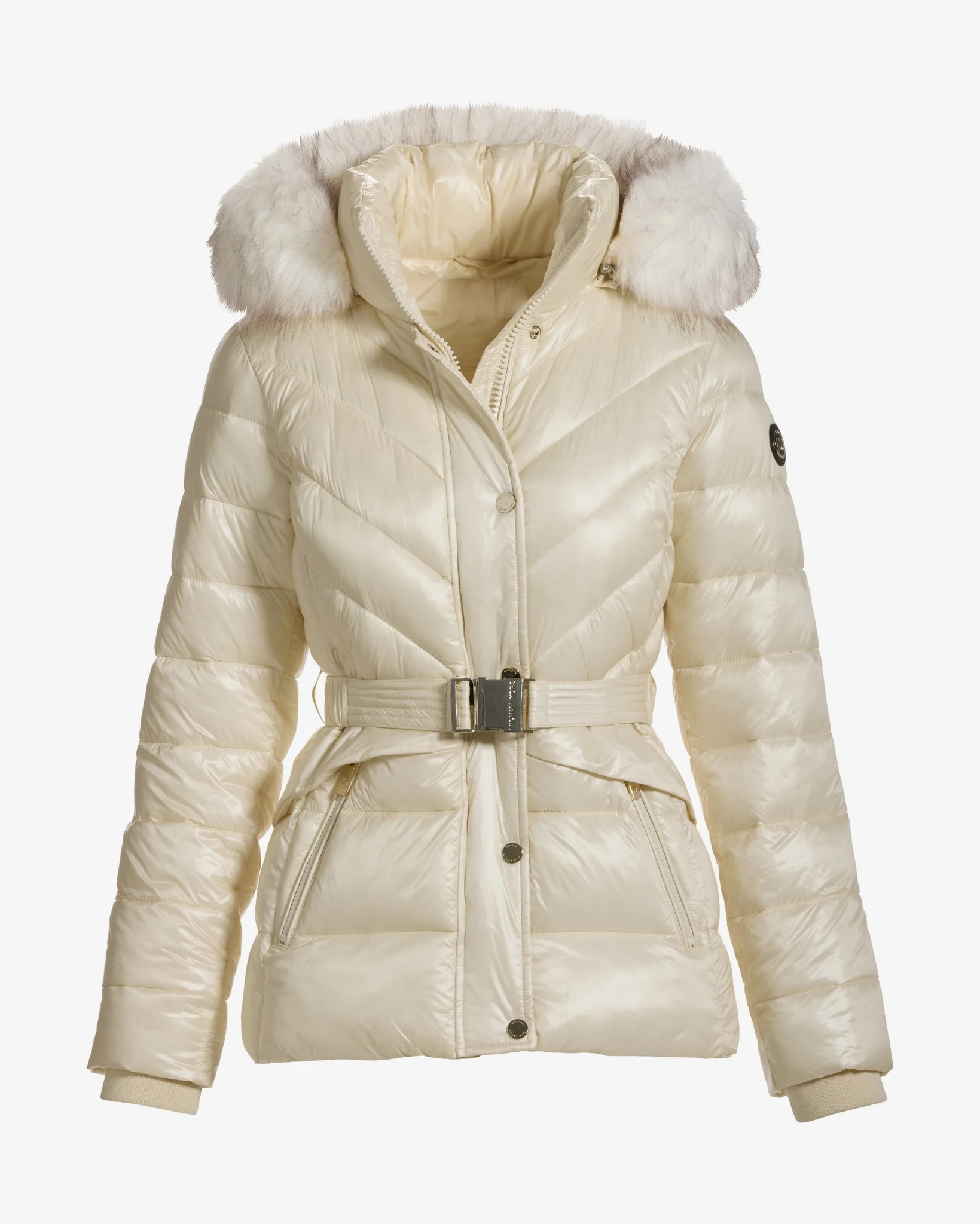 Glossy Finish Faux Fur Trim Hooded Puffer Coat Bone - Mycitystee