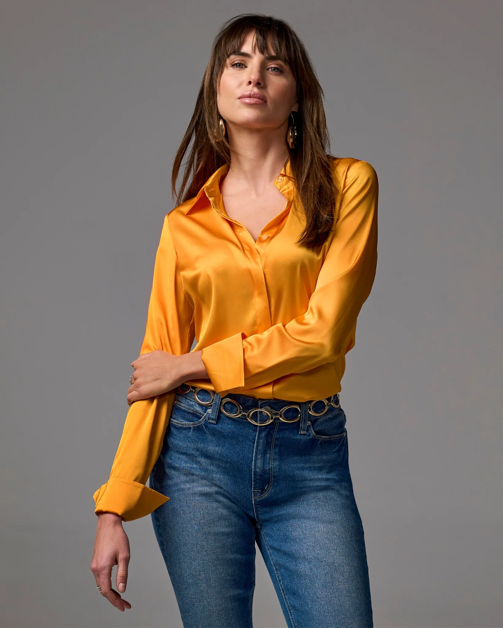 Sophia Button-Up Charmeuse Blouse Orange Pop - Mycitystee