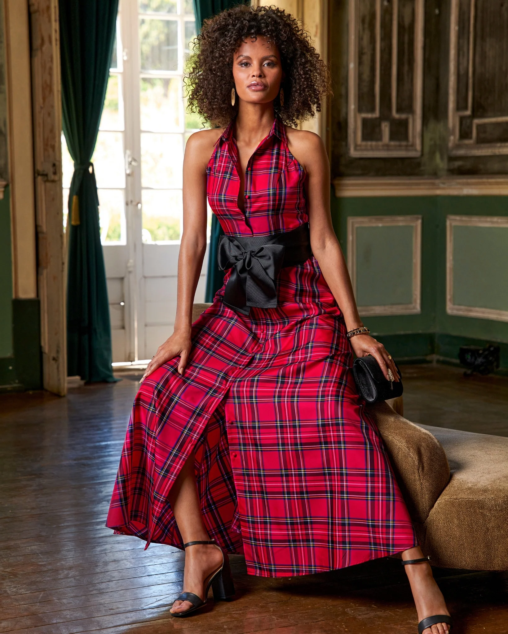 Classic Plaid Fit and Flare Halter Shirt Dress Red Multi - Mycitystee