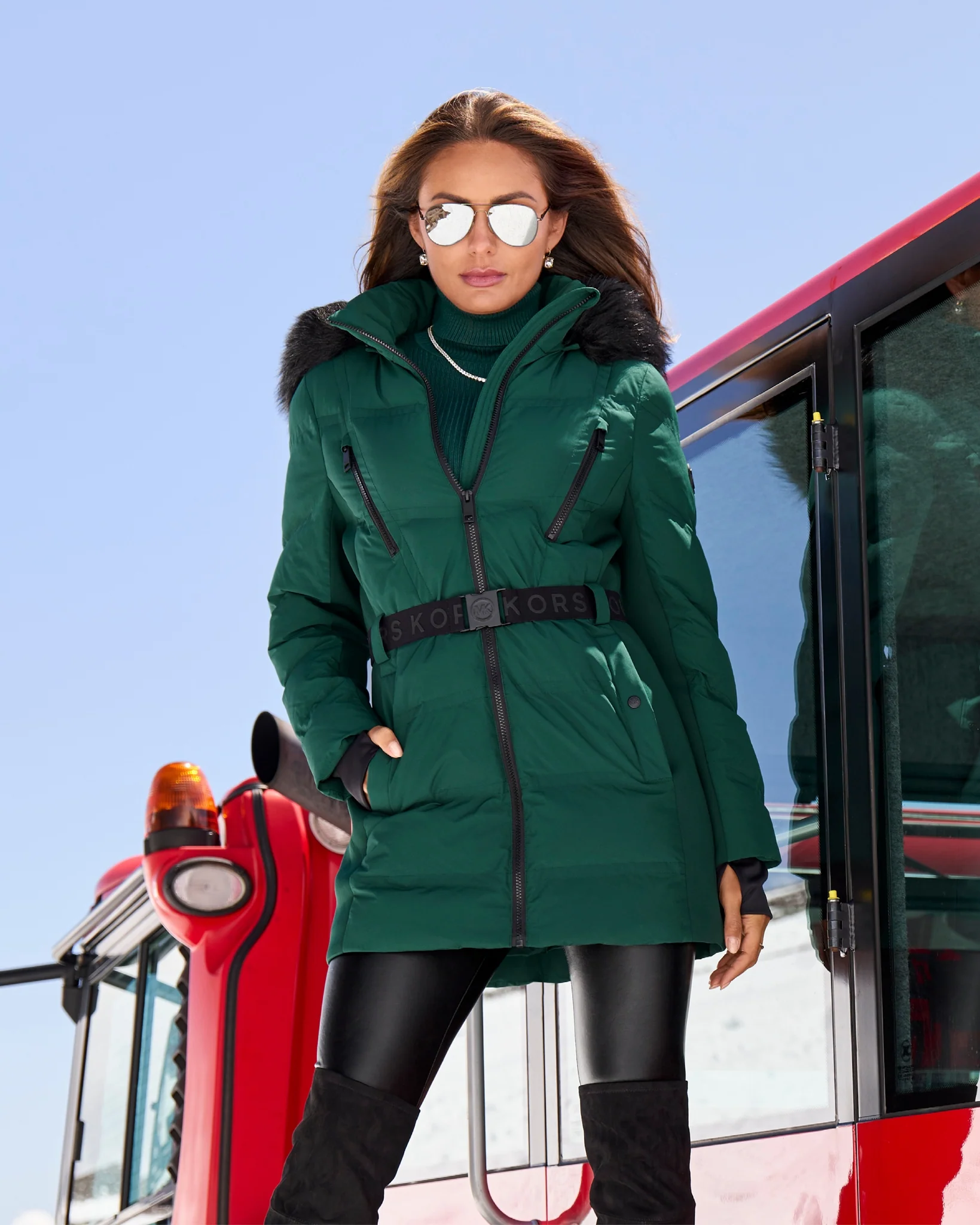 Faux Fur Trim Shaped Belted Puffer Jacket Emerald - Mycitystee