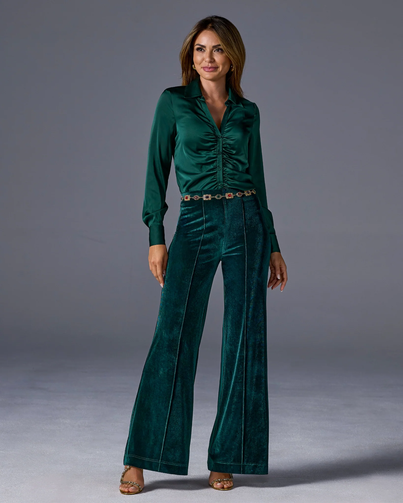 Pull-On Velvet Wide Leg Pant Emerald - Mycitystee