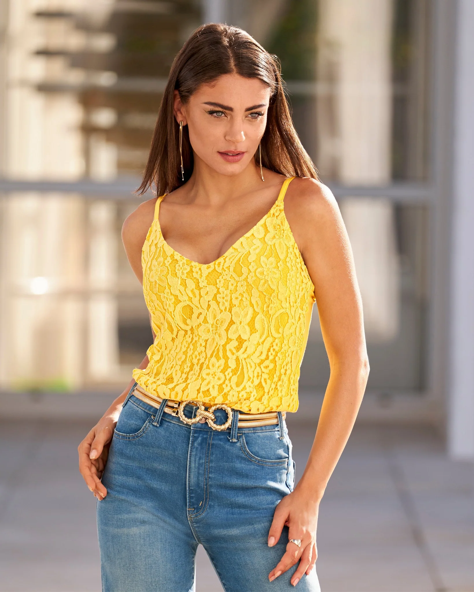 Lace Front V-Neck Cami Top Lemon Drop - Mycitystee